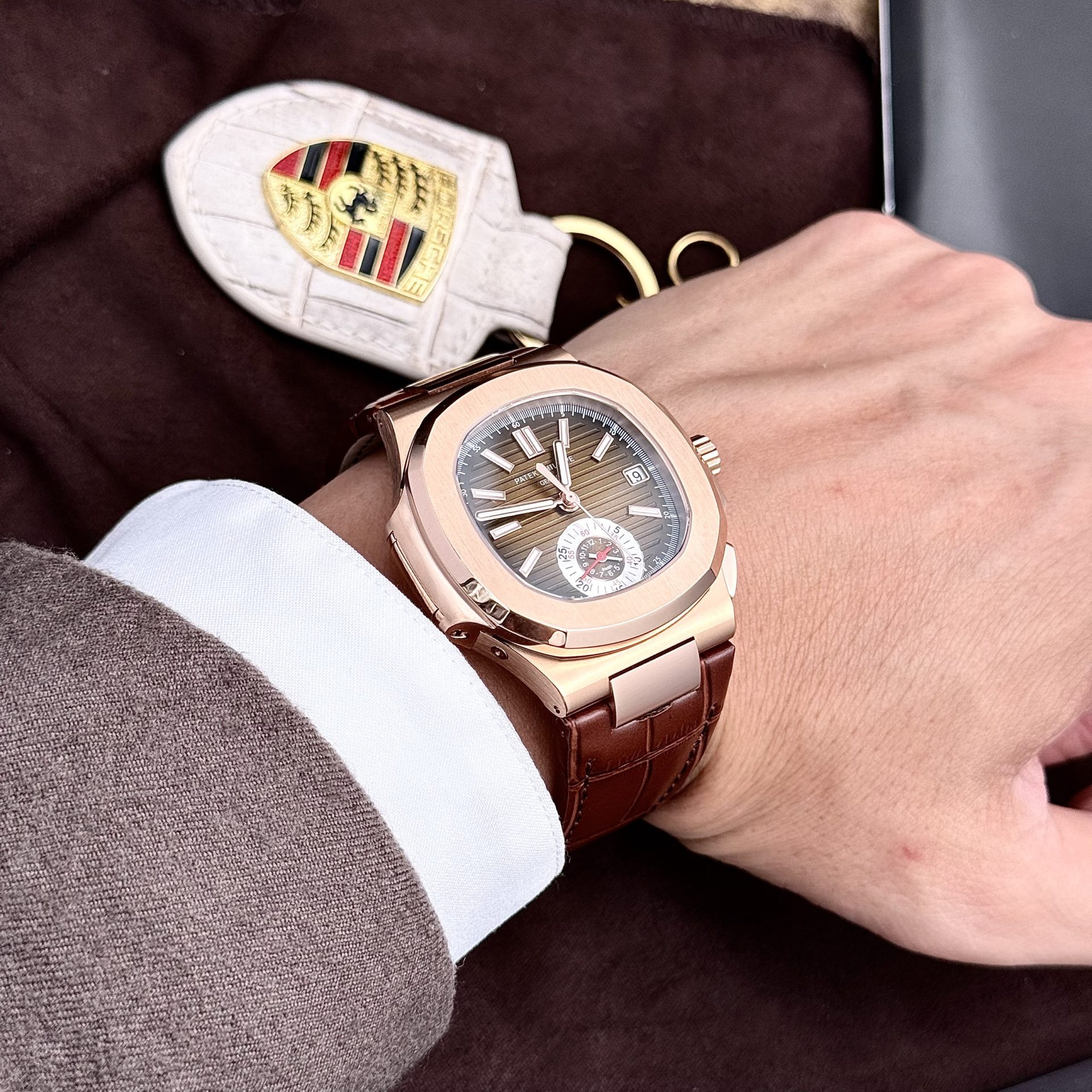 Patek Philippe Replica Watch Nautilus 5980 Brown Dial Leather Strap 40mm - Top club