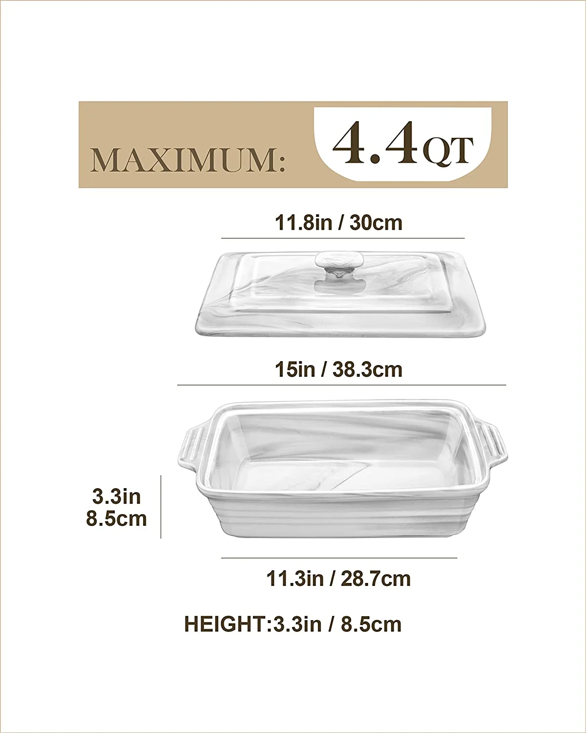 Large Ceramic Casserole Dish with Lid, 4.4 Quart Baking Pan for Oven, Microwave & Dishwasher