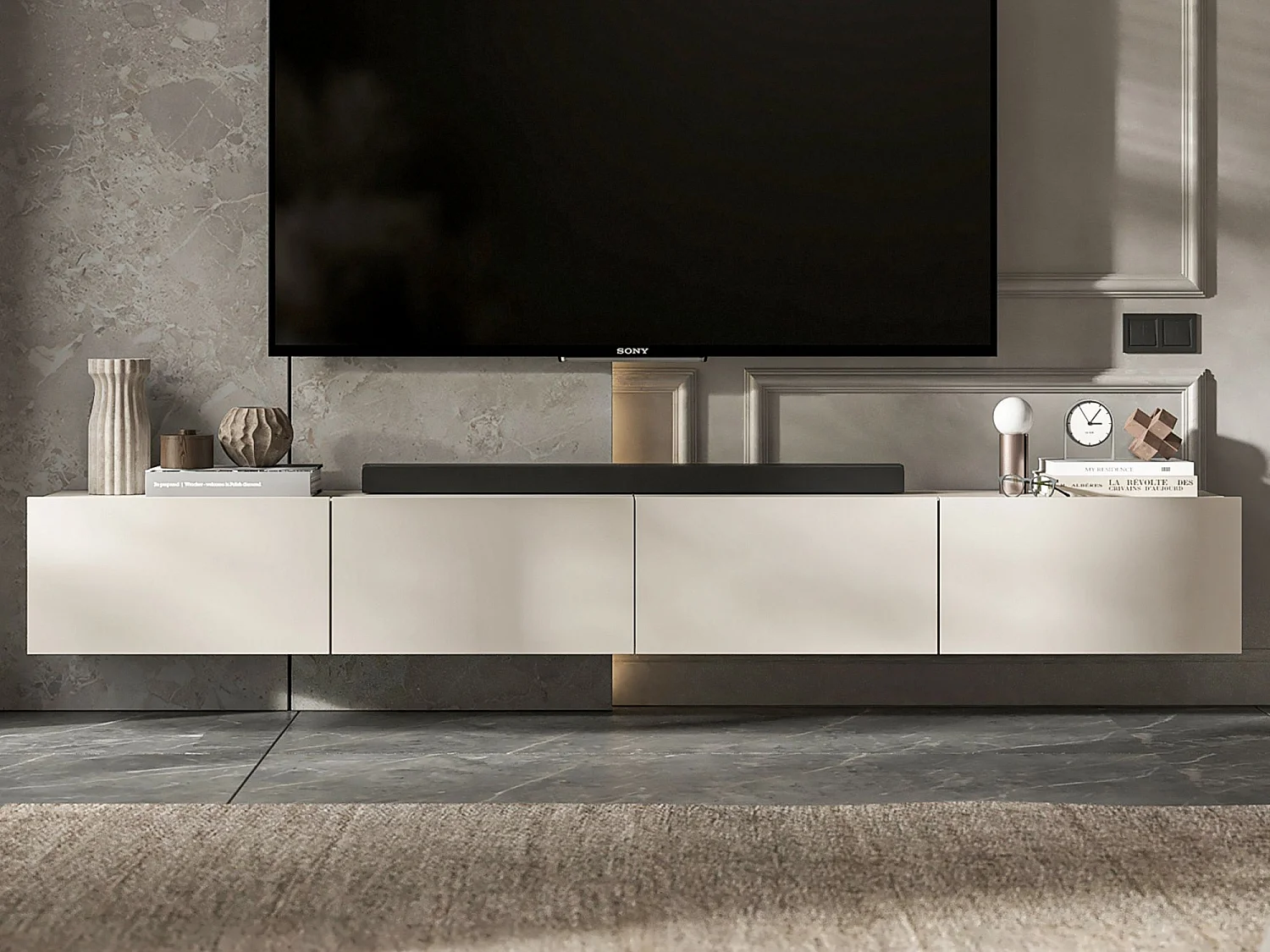Meuble TV suspendu avec 4 portes - corps Cachemire mat, façades Cachemire mat - 240 cm