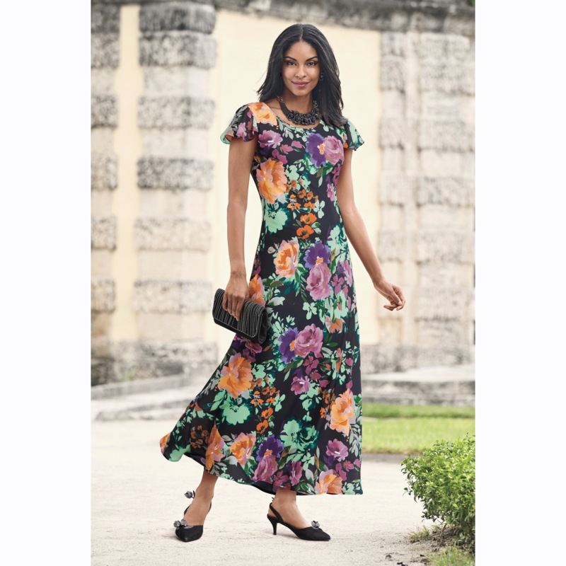 Makenzie Flowy Maxi Dress with Floral Pattern and Flutter Sleeves - MIDNIGHT VELVET CATALOG