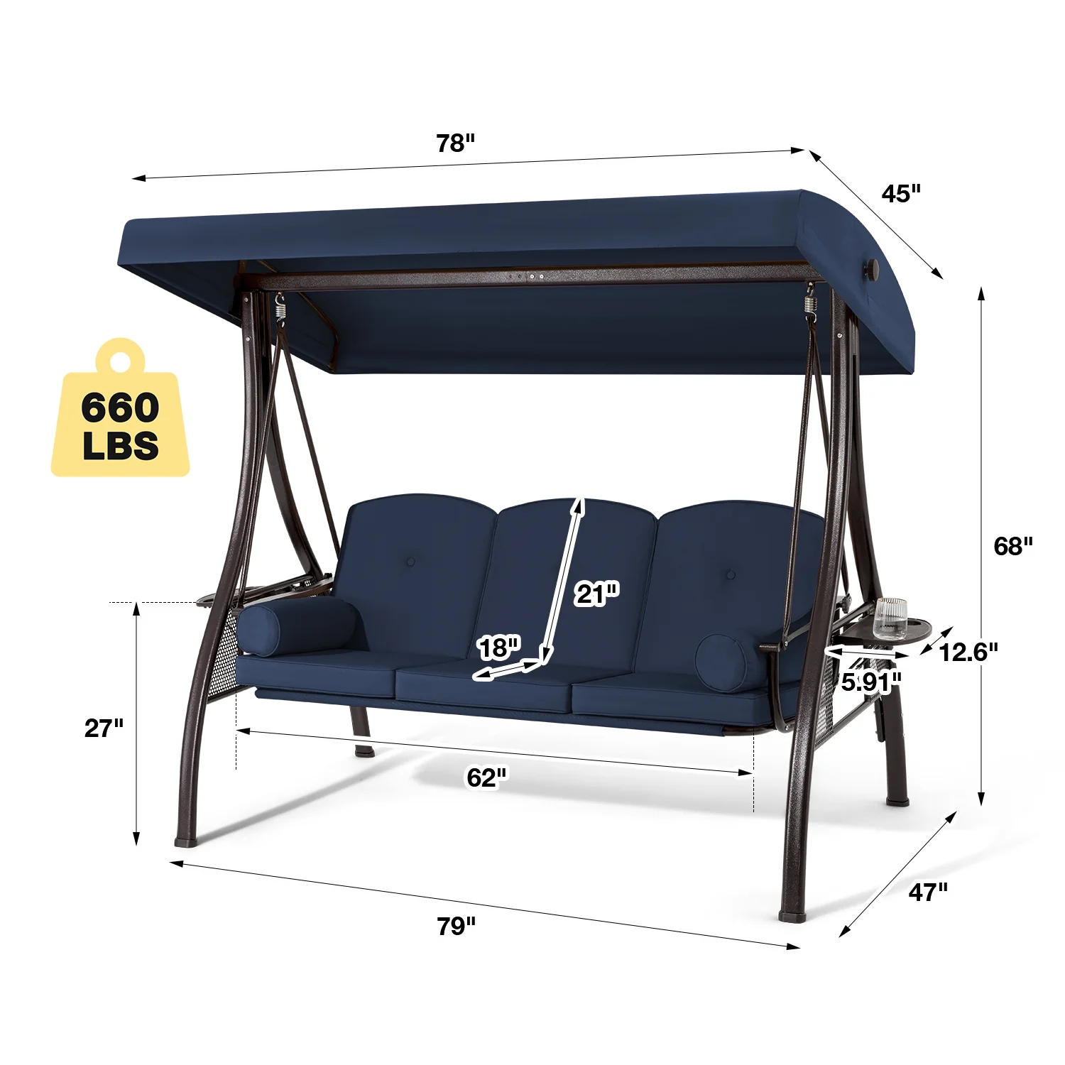 Homrest 3 Person Patio Outdoor Porch Swing with Adjustable Canopy, Backrest, Swing Bed with Stand for Garden,Deck - Image 33