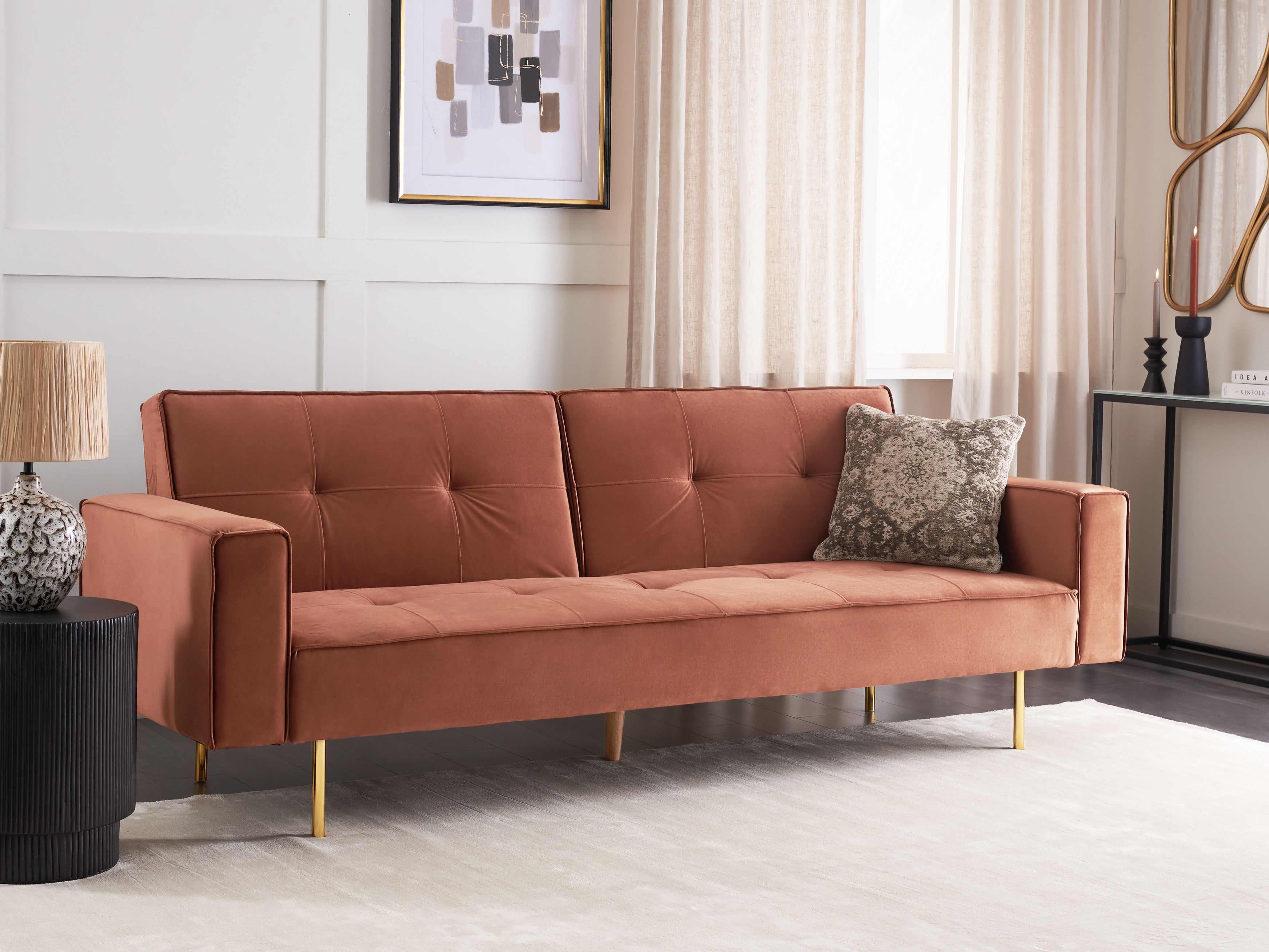 Sofa Bed 3 Seater VISNES Velvet Golden Brown