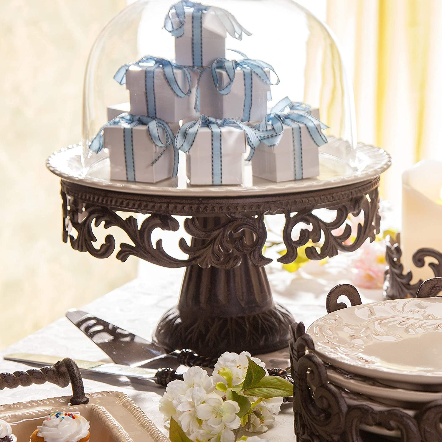 Gerson Glass Domed Cake Pedestal With Acanthus Leaf Ornate Brown Metal Base and Cream Ceramic Plate