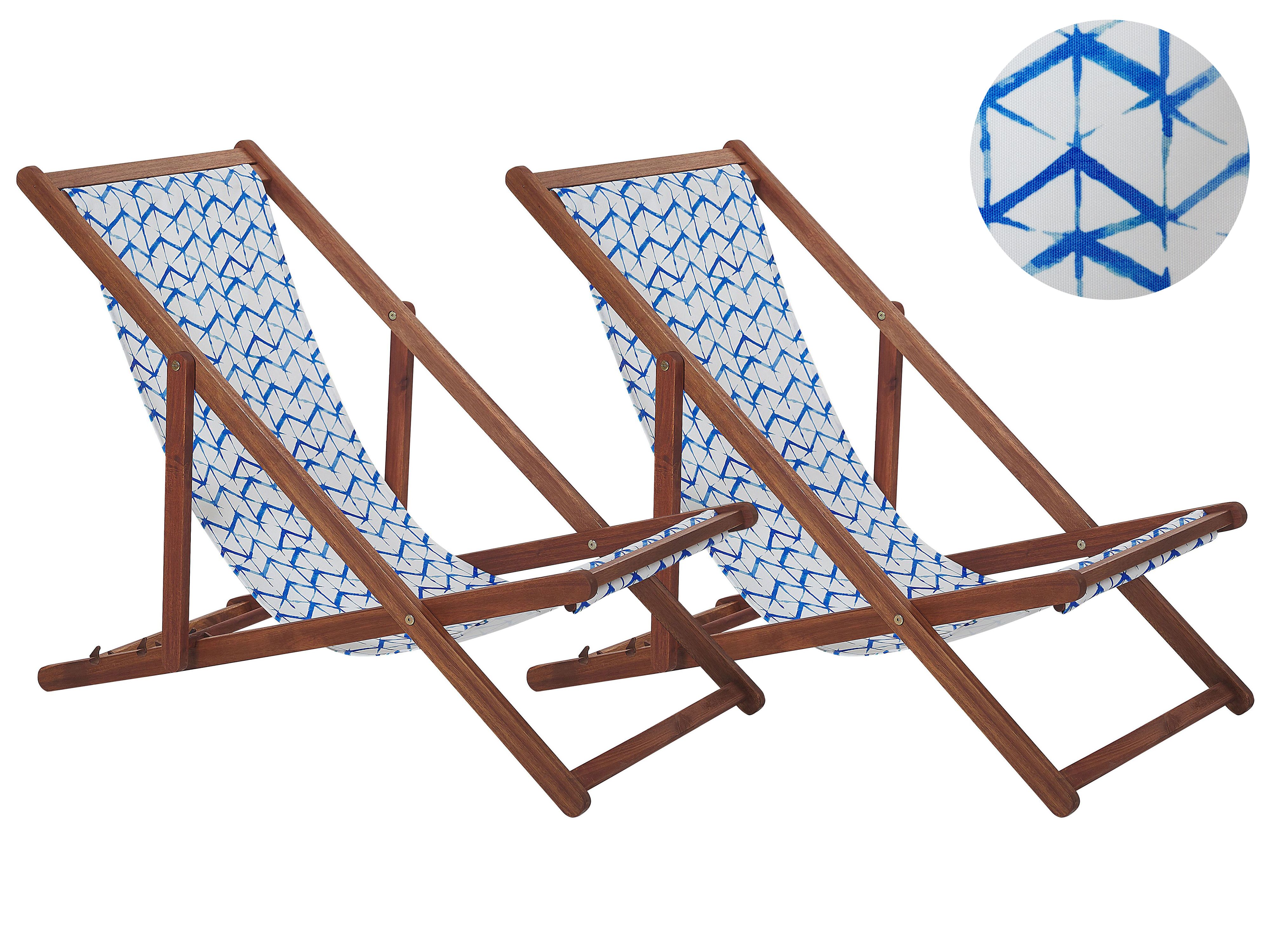 Set of 2 Folding Deck Chairs ANZIO with Replacement Fabrics Abstract Motif Acacia Wood Dark Brown