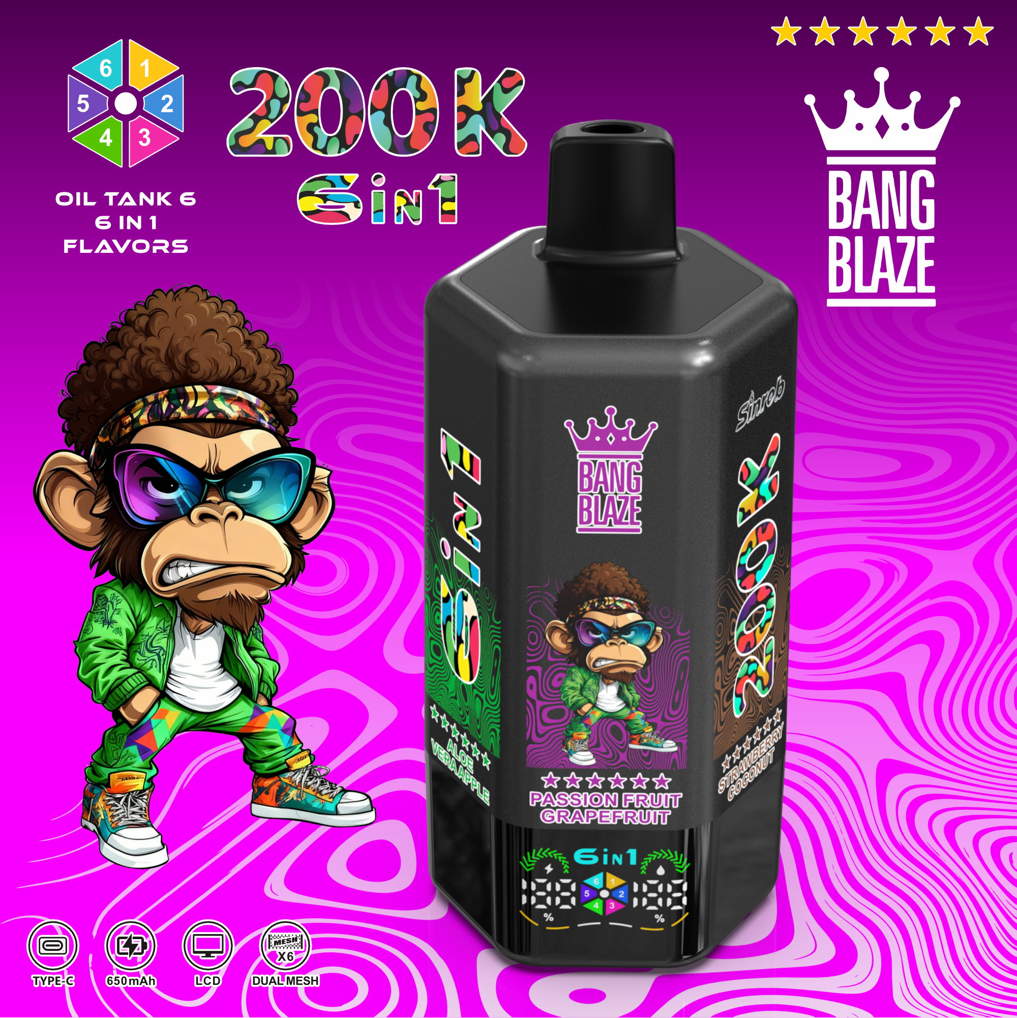 BANG BLAZE 200KPuffs Vape – 6-in-1 Flavor