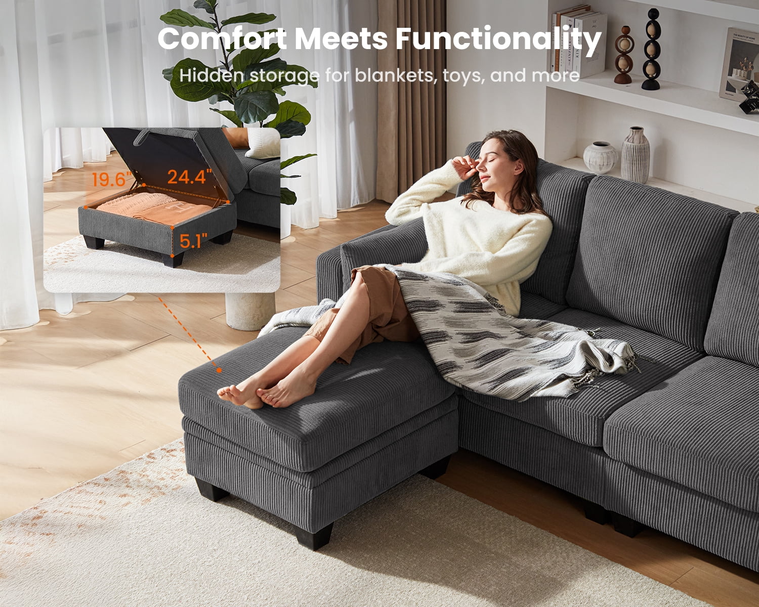 CHIC HOUSE 154.5" Sectional Sofa with Storage Ottoman Chaise, Corduroy U Shaped Sofa Convertible Sectional Couches for Living Room, 12 Seater Corner Modular Sofa with Deep Seat Throw Pillows, Green - Image 14
