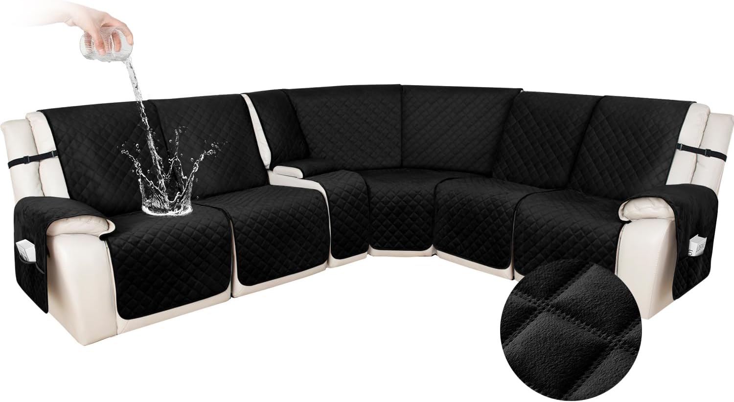 HDCAXKJ 100% Waterproof Velvet Recliner Sectional Couch Covers L Shaped Corner Reclining Sofa Cover Washable Thick Non Slip Sectional Slipcover with Pockets (5 Seat and 1 Middle Console, Black)