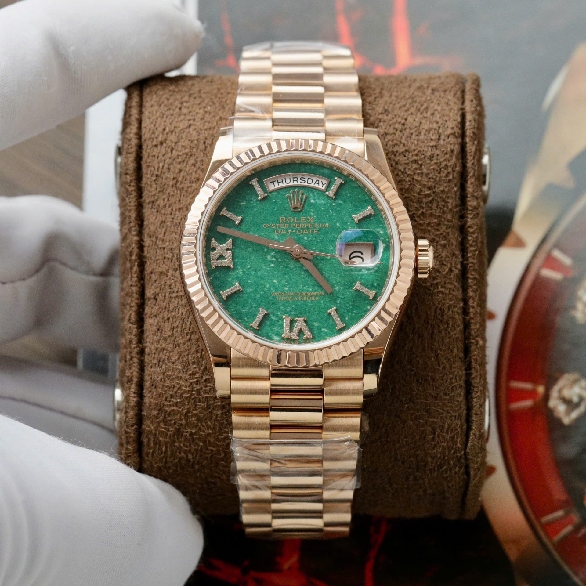 Rolex Day-Date 128235 Dial Aventurine Replica Watch Custom Gold Wrapped 36mm - Elite Watch Atelier
