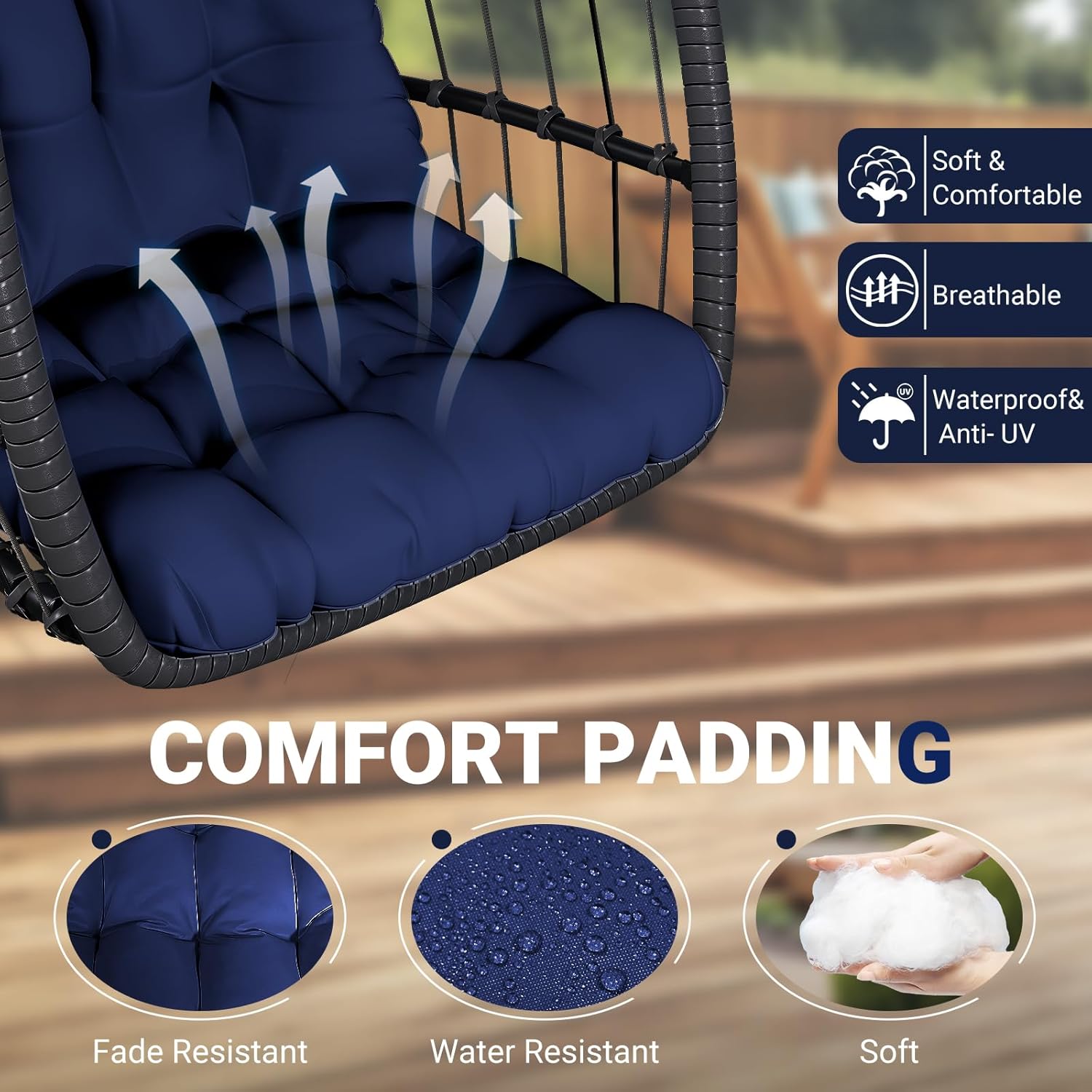 LEVELEVE Egg Chair with Stand,Patio Rattan Wicker Hanging Swing Egg Chair Hammock Chair for Porch Garden,Thickened Aluminum Alloy Steel Frame and UV Resistant Cushion,350LBS Capacity(Dark Blue)