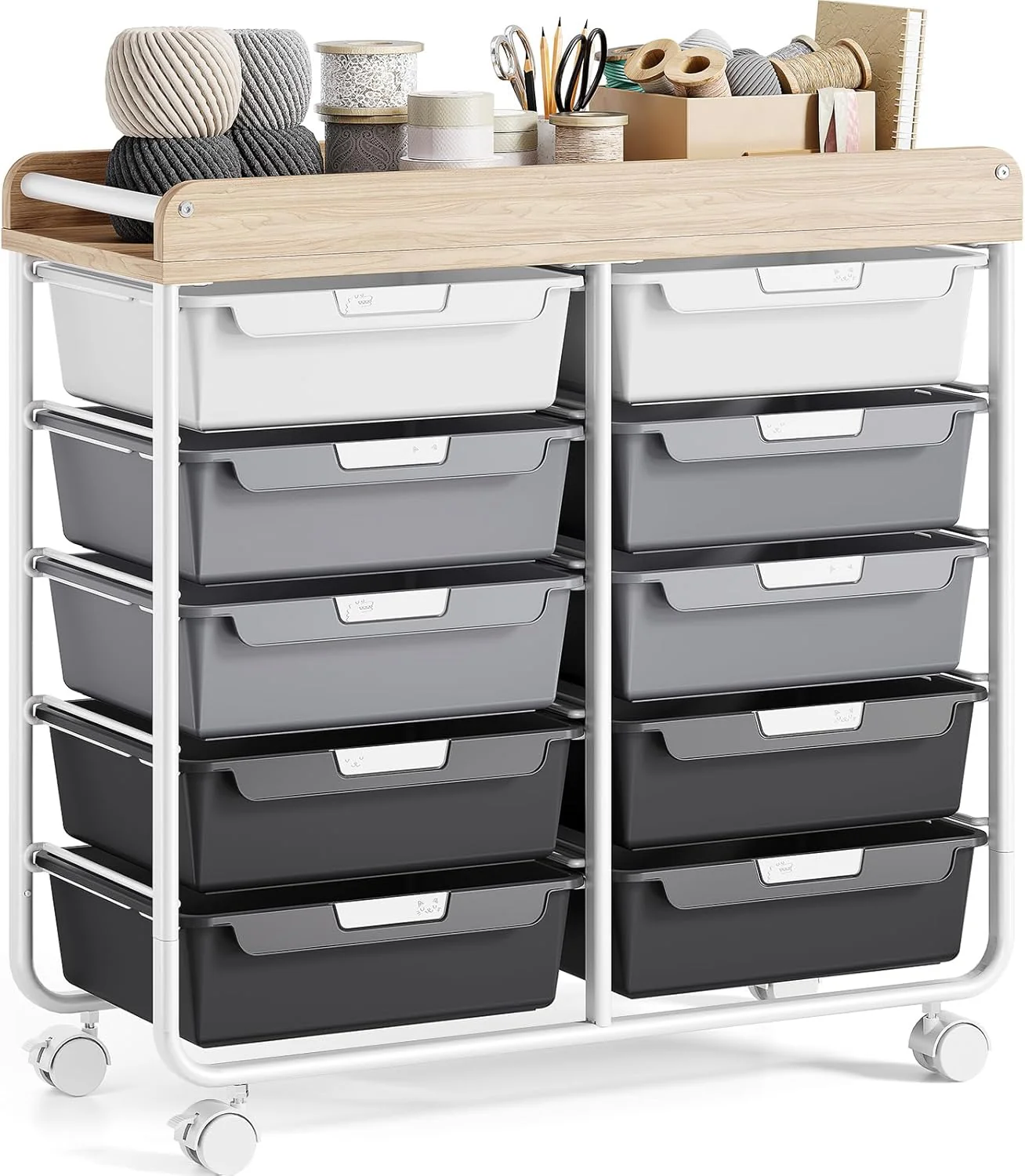 Rolling Storage Cart with 10 Large Drawers, Utility Cart with Wooden TableTop for Craft Organizers, Art Supply Storage, Home Office Organization, Cart with Wheels for Classroom, School, Green - Image 3