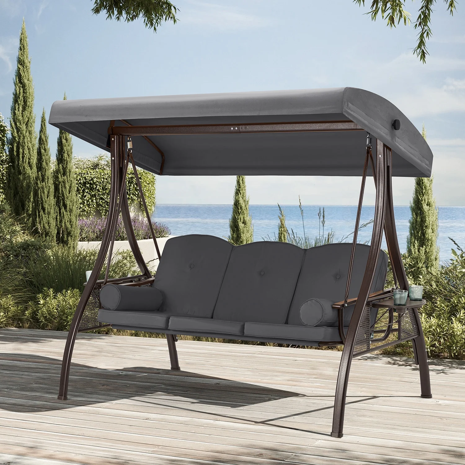 Homrest 3 Person Patio Outdoor Porch Swing with Adjustable Canopy, Backrest, Swing Bed with Stand for Garden,Deck - Image 37