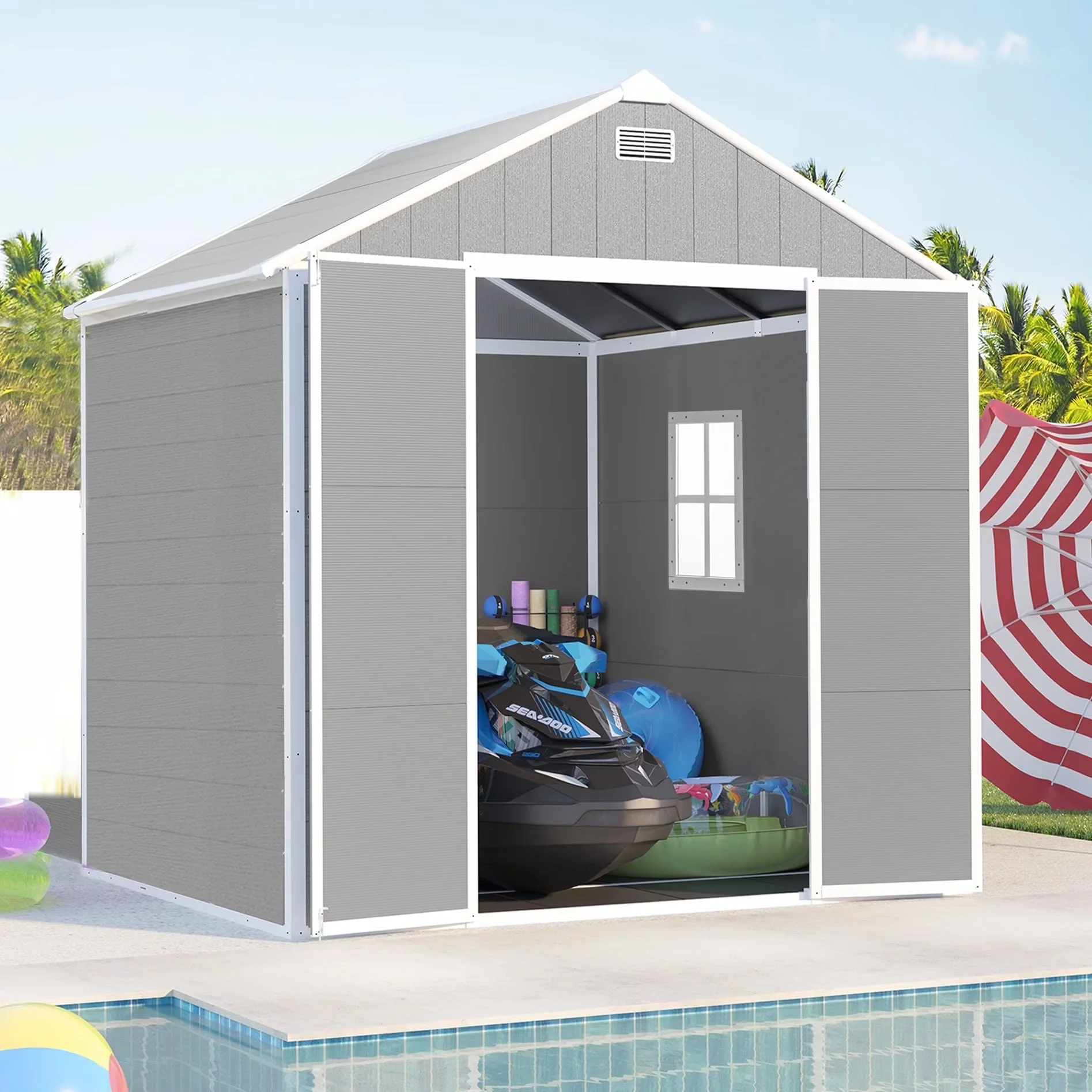 Seizeen Resin Outdoor Storage Shed With Floor, Light Gray, 82 in H Seizeen Resin Outdoor Storage Shed With Floor, Light Gray, 82 in H