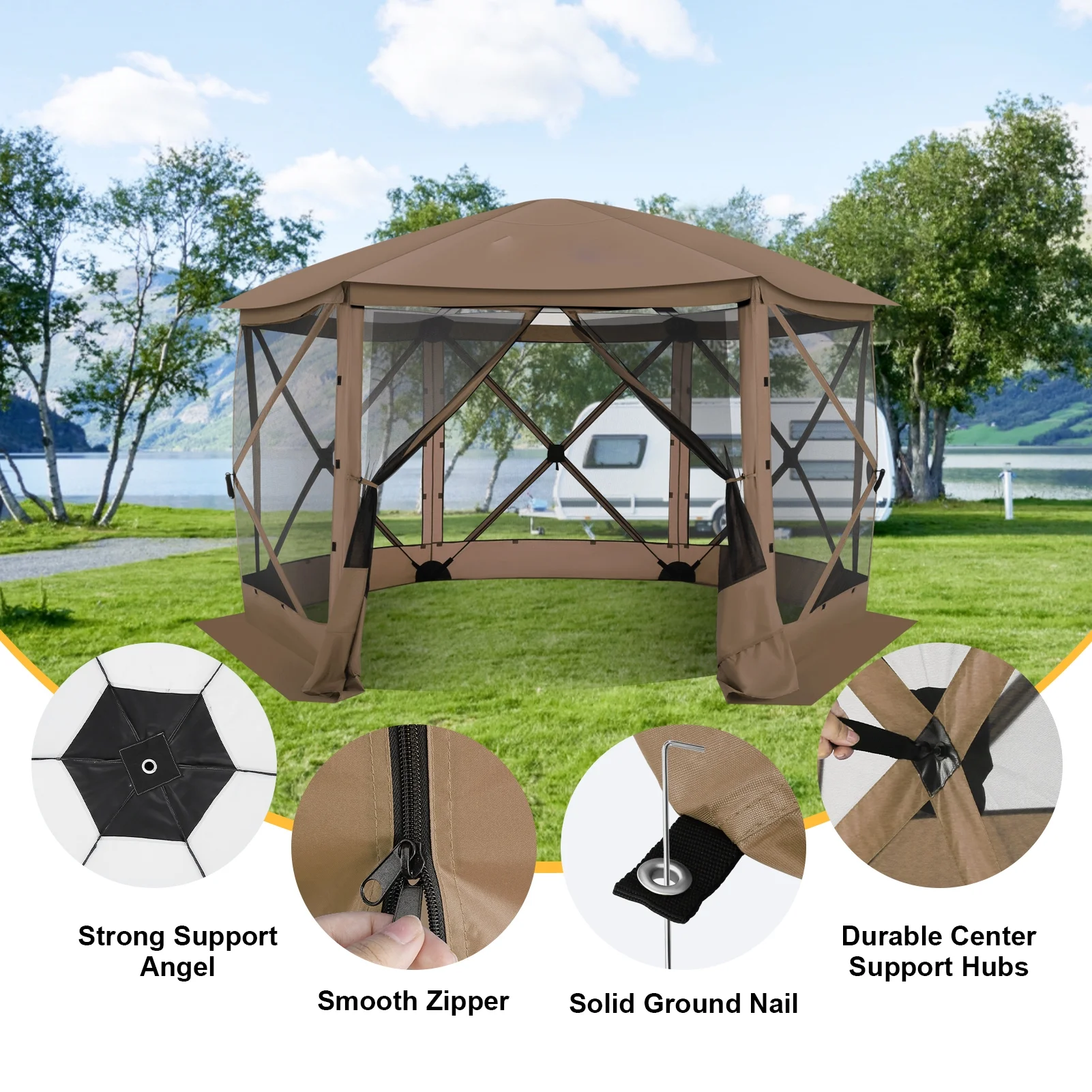 COBIZI 12'x12' Pop-up Gazebo Outdoor Camping Tent with 6 Sides Mosquito Netting, Waterproof, UV Resistant, Portable Screen House Room, Easy Set-up Party Tent with Carry bag, Ground Spike, Brown - Image 39
