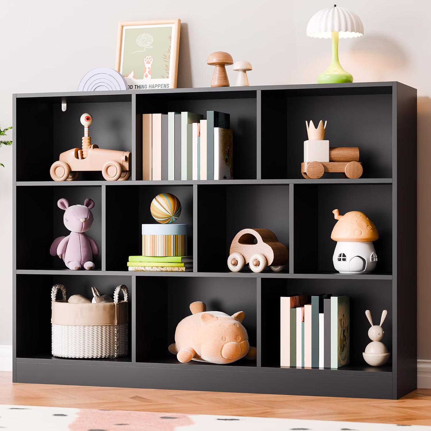 Hyxoo Black Bookshelf, 3-Tier Open Shelf Bookcase, 10 Cube Storage Organizer with Anti-Tilt Device, Freestanding Horizontal Bookshelf Cube Shelf for Bedroom, Living Room, Office