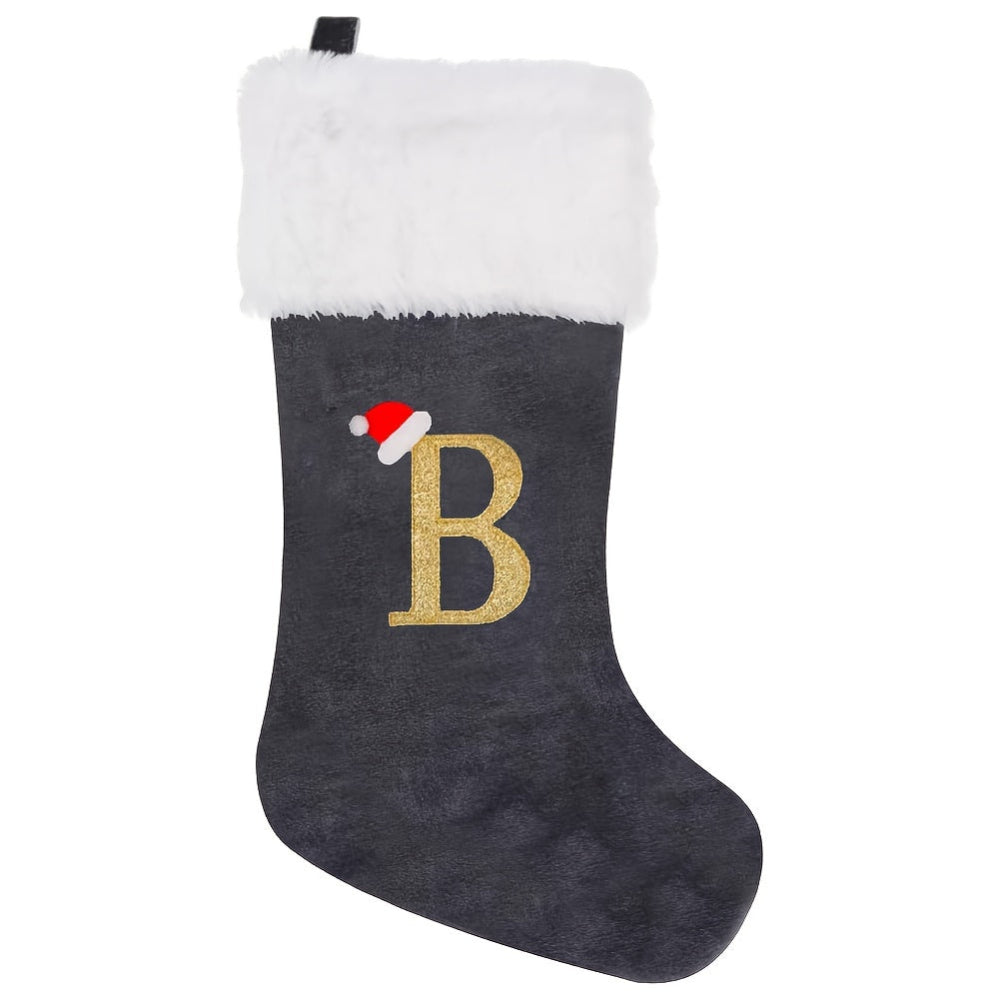 Gepersonaliseerde Fluwelen Kerstsok met Monogram – Modern Grijs Ontwerp