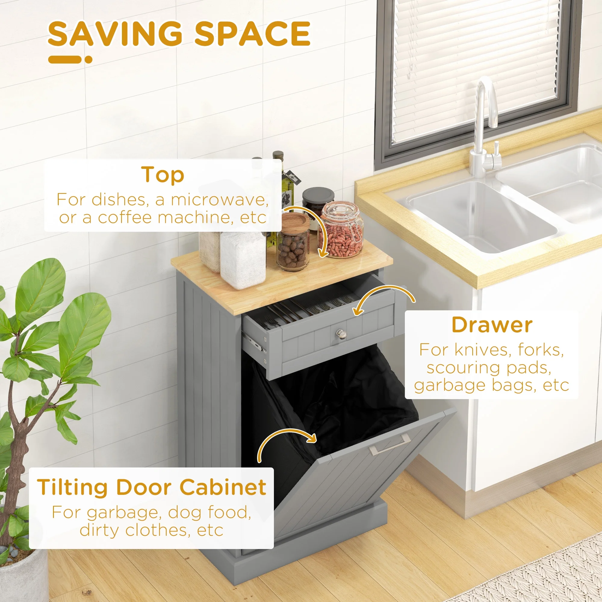 HOMCOM Kitchen Tilt Out Trash Bin Cabinet, Free Standing Recycling Cabinet - Image 24