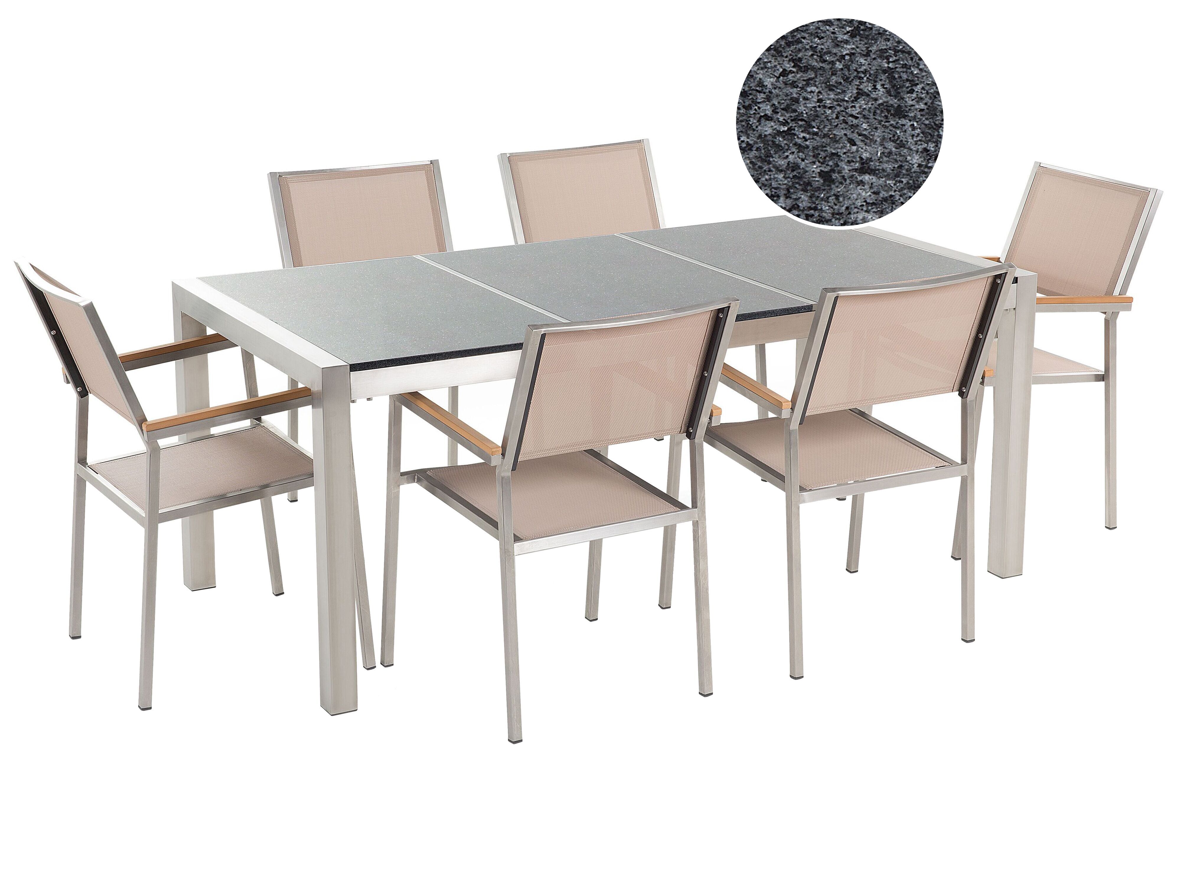 Garden Dining Set 6 Seater GROSSETO Triple Plate Granite Polished Grey/ Beige