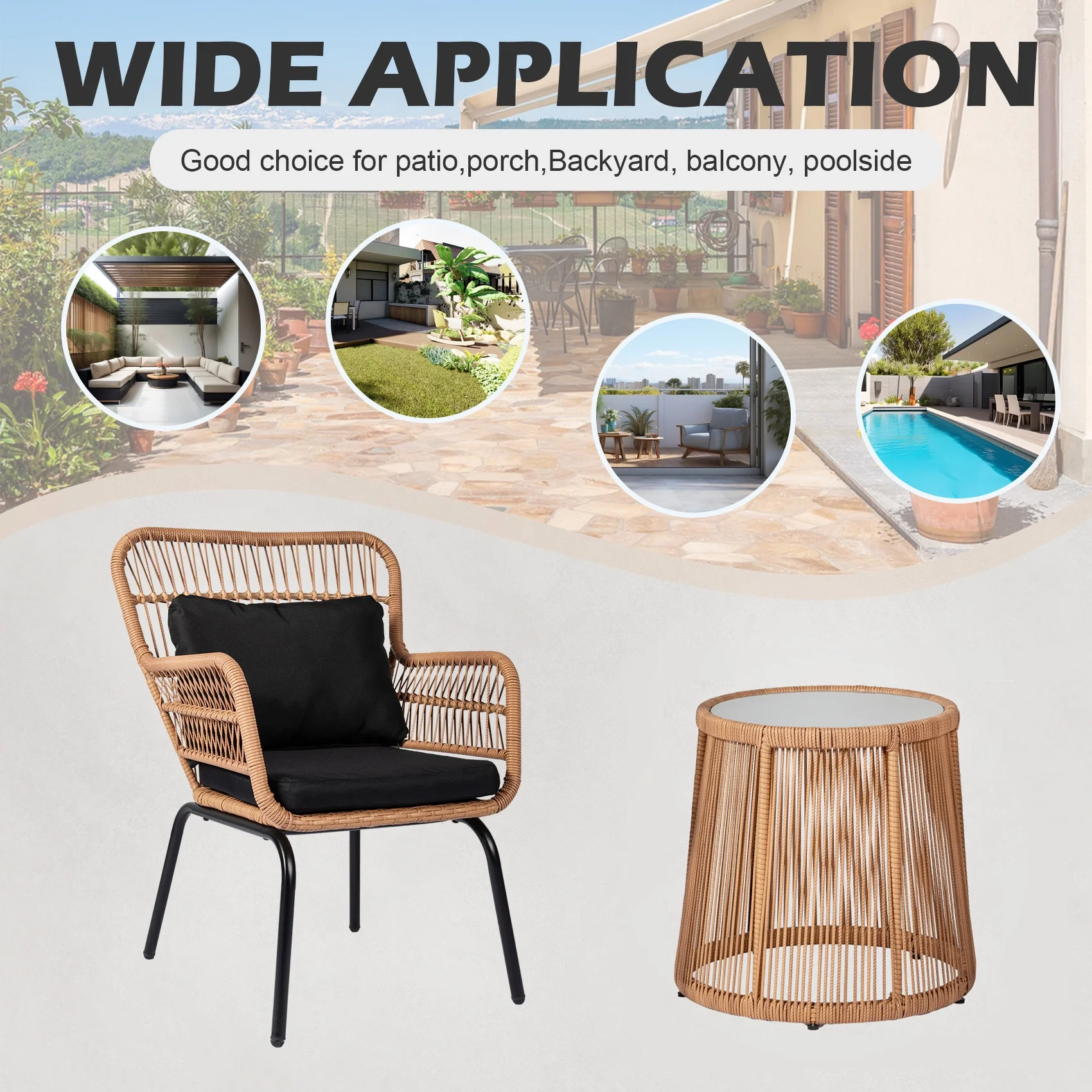 Tappio 3-Piece Patio Conversation Bistro Set Rattan Furniture, Outdoor Patio Set w/Glass Top Table & Cushions for Garden Balcony Backyard Poolside, Yellow/Beige - Image 34