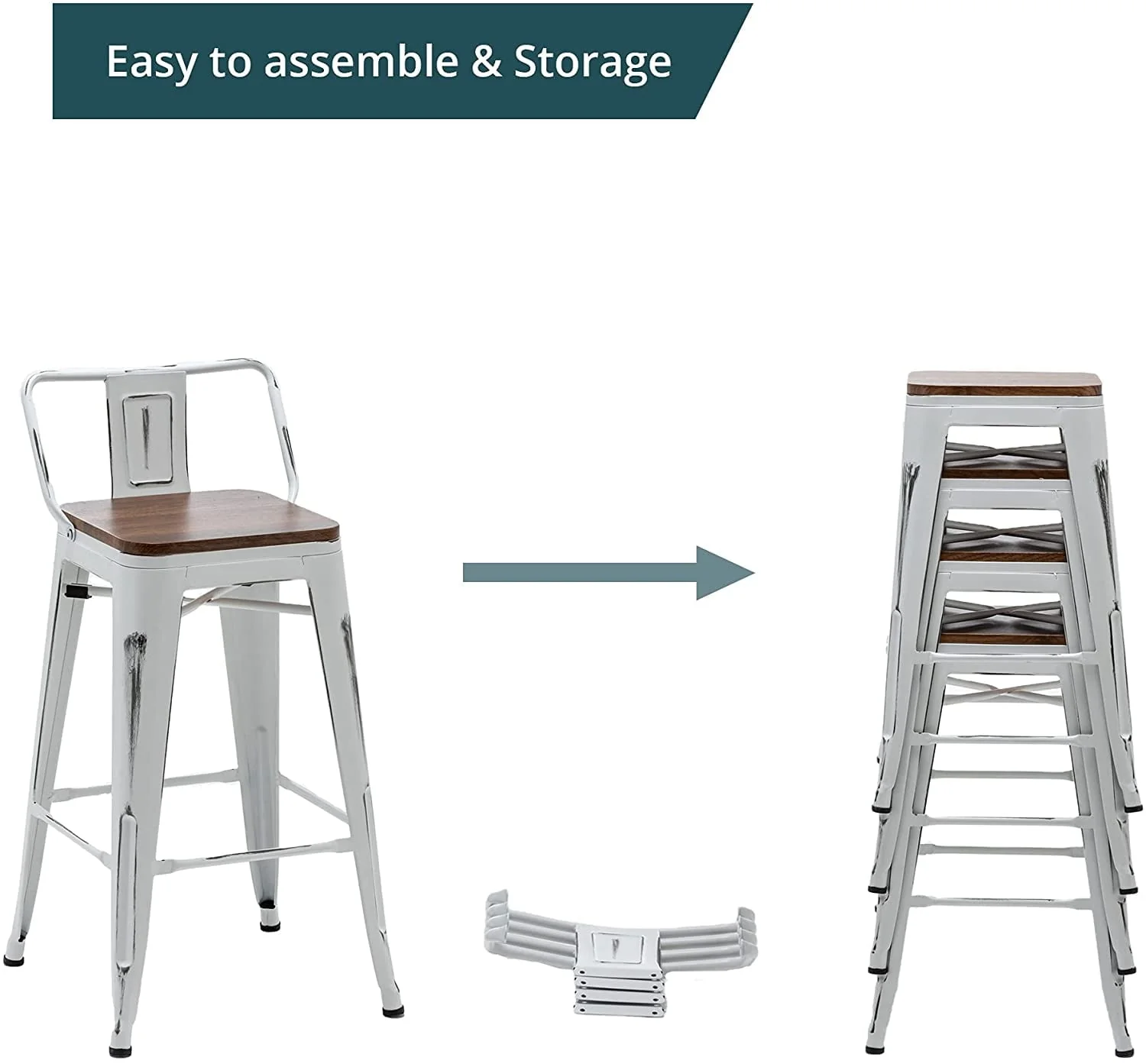 Andeworld Bar Stools Set of 4 Counter Height Stools Industrial Metal Barstools with Wooden Seats( 24 Inch, Distressed White ) - Image 6