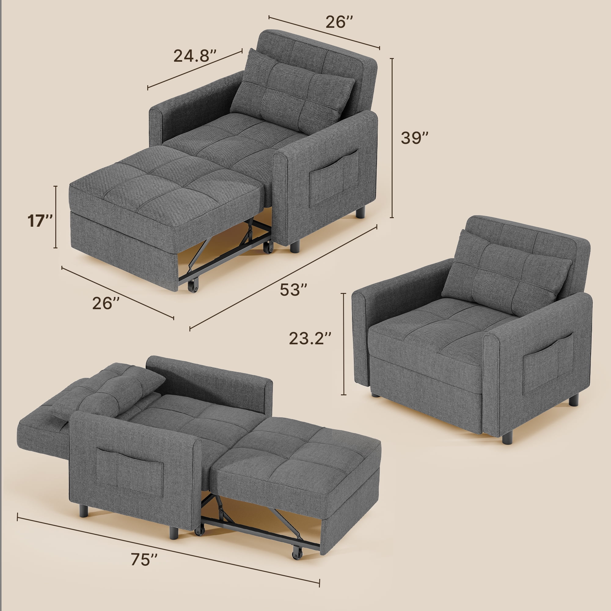 3 in 1 Convertible Sofa Bed Chair for Living Room , Aiho Sleeper Sofa Bed for Living Room, Dark Gray - Image 6