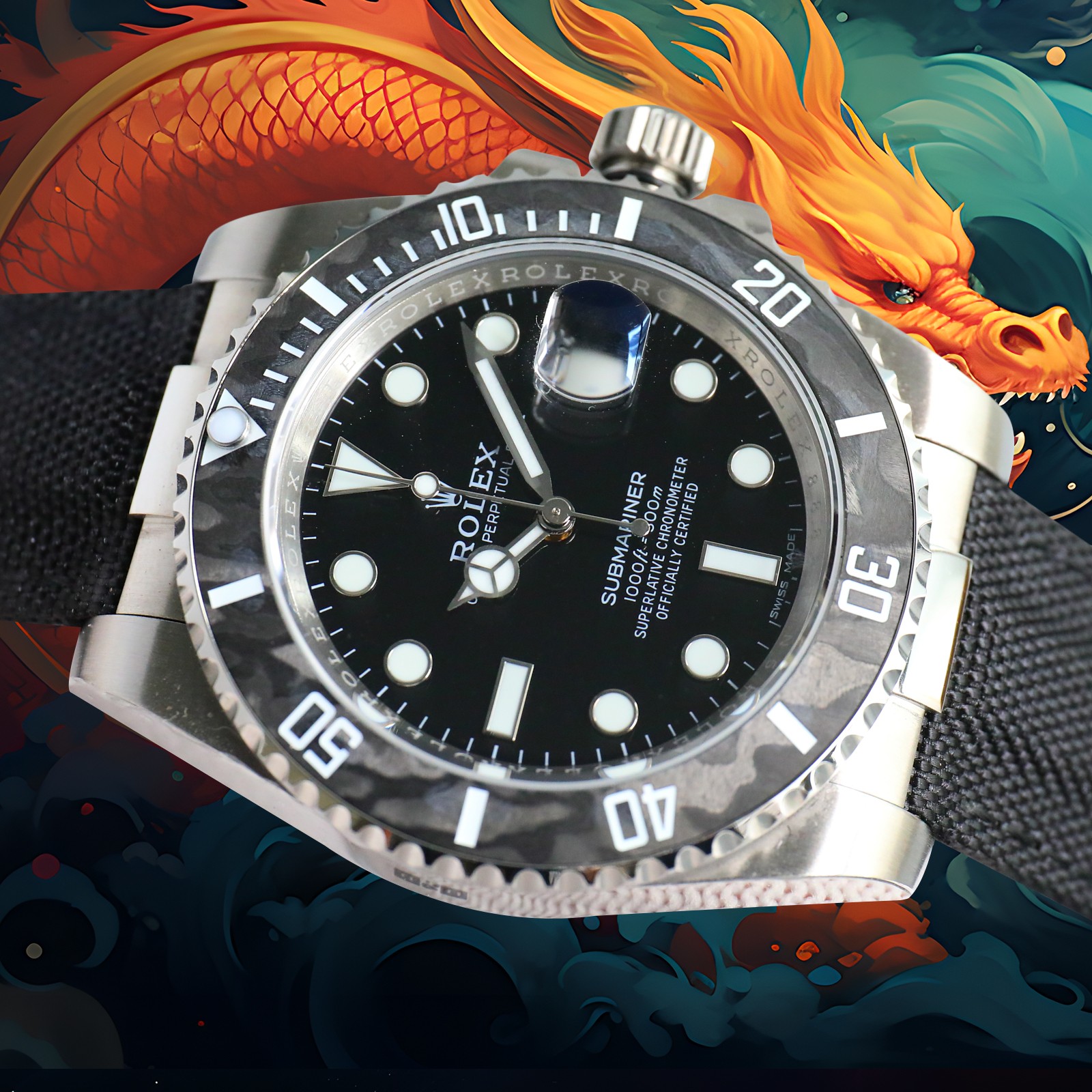 ROLEX Year of the Dragon Auspicious ?? ?? Submariner Carbon Fiber Bezel - Velcro Strap - Black(1:1 replica) - Top club