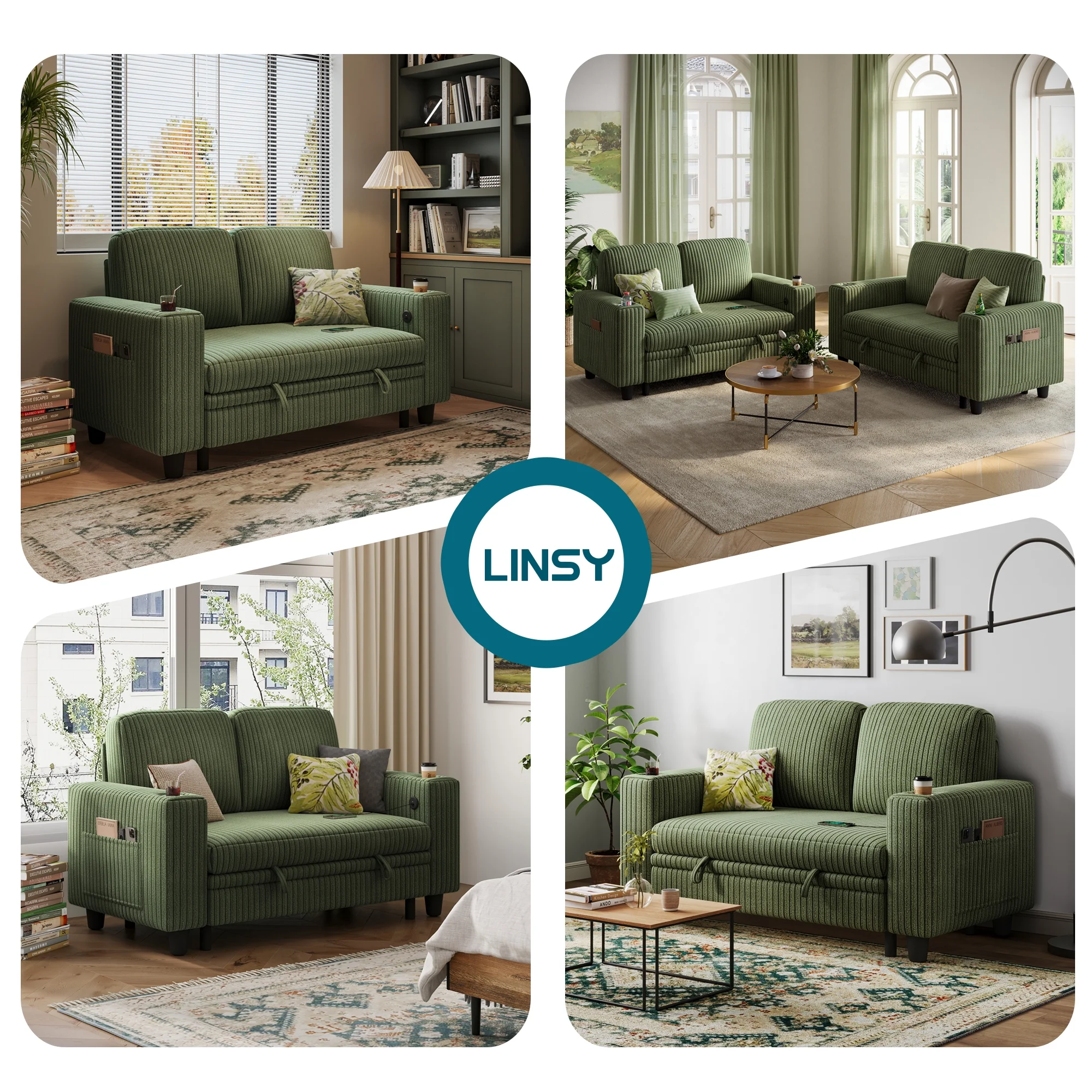 Linsy Home Plush Corduroy Pull Out Couch Chaise Lounge, Convertible Loveseat Sofa Couch With Usb & Cup Holder, Green - Image 10