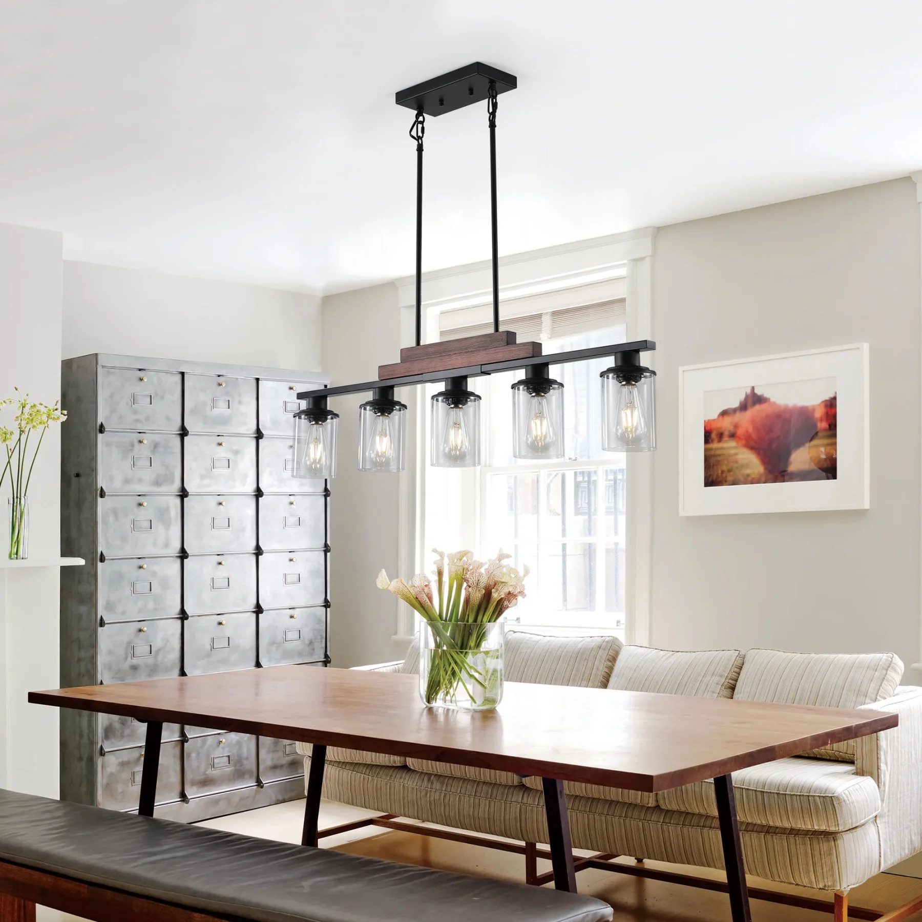 5-Light Kitchen Island Pendant Light, Farmhouse Industrial Chandeliers with Two Metal Rod Supports, Rectangular Island Lights for Kitchen, Living Room, Walnut/Black