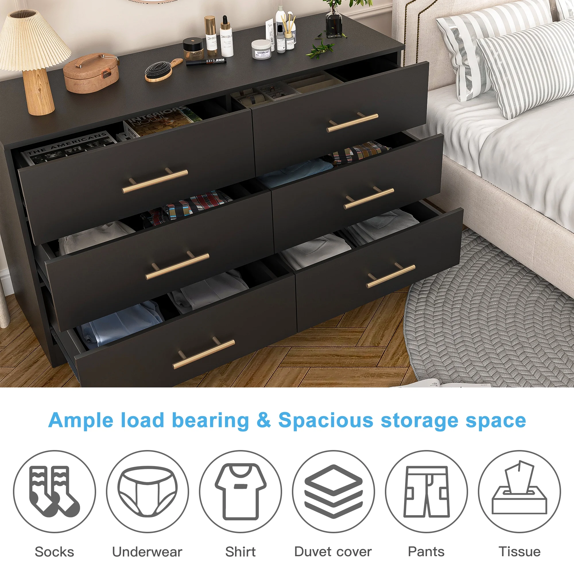 Kadyn White Chest of Drawer, 6 Double Drawer Dresser for Bedroom, Modern Storage Cabinet for Living Room, Dresser - Image 34