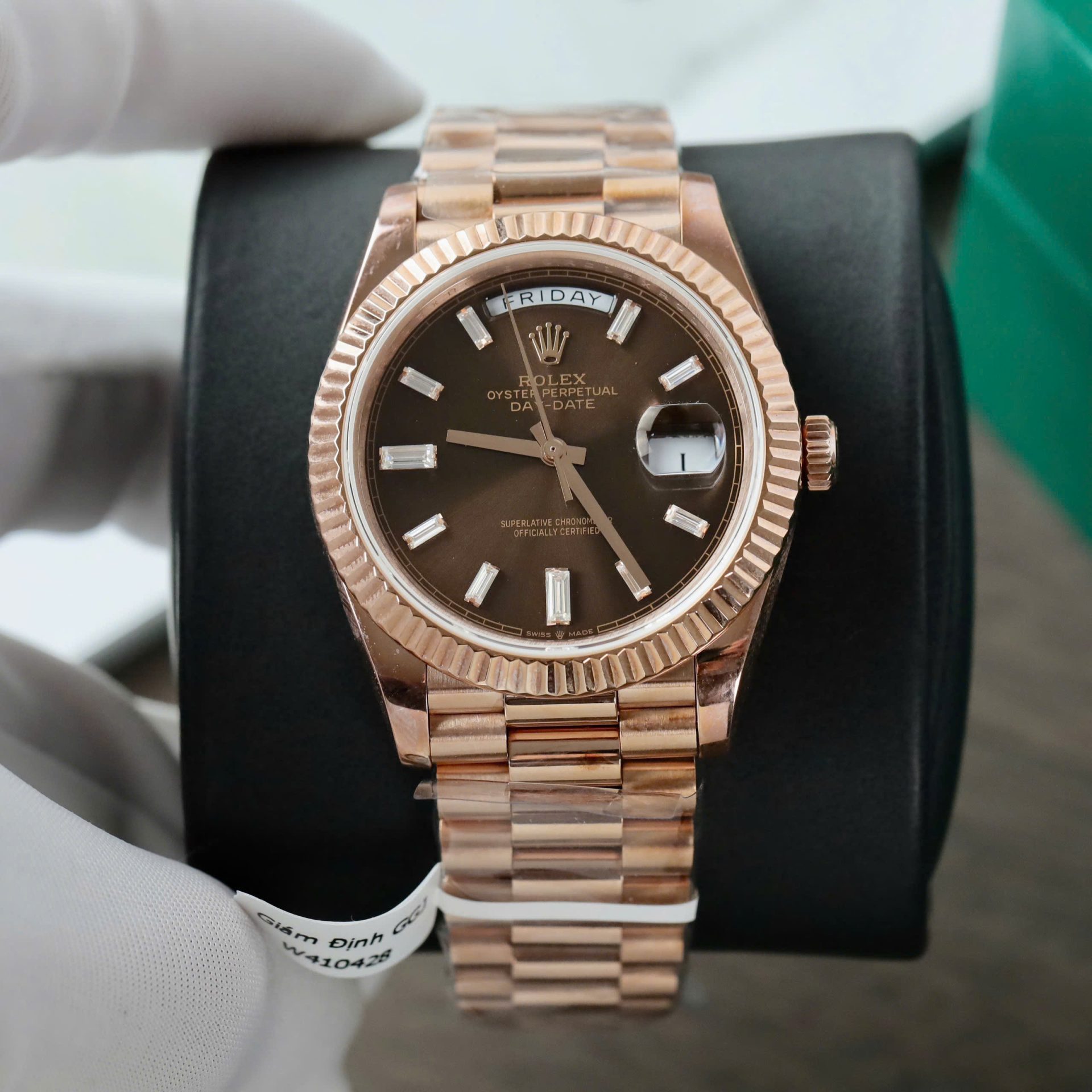 Rolex Day-Date Chocolate Dial Copies Watches Gold Wrapped + Moissanite Dial Markers Custom 40mm - Elite Watch Atelier