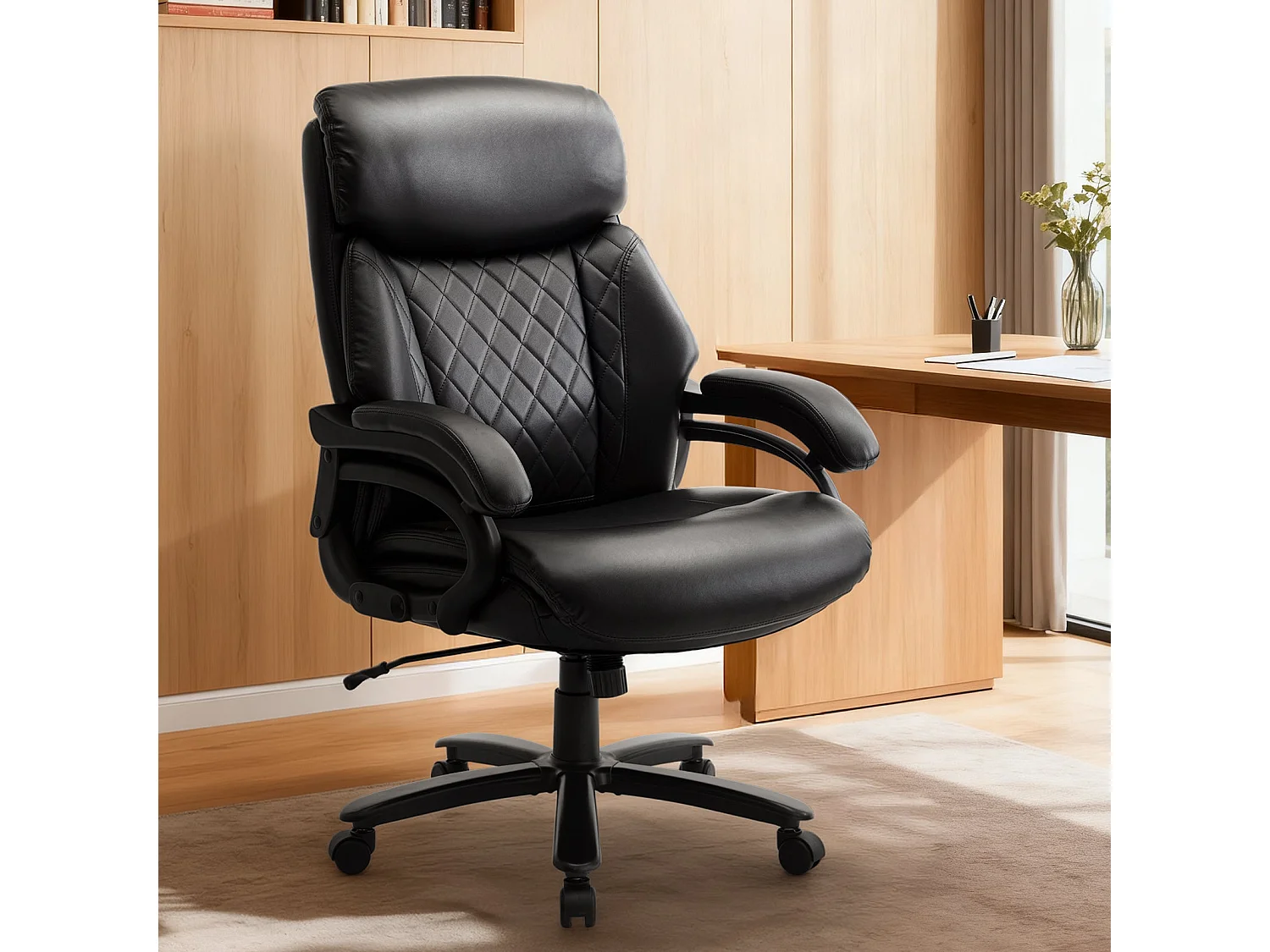 Fauteuil de bureau en similicuir, accoudoirs réglables, assise extra-large - Noir
