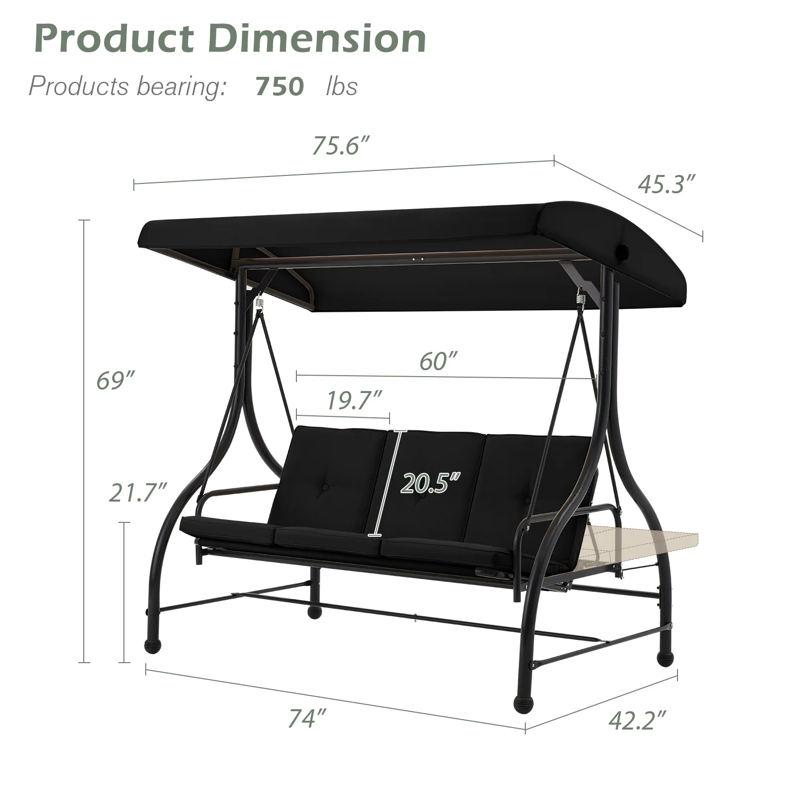 AECOJOY 3 Person Canopy Steel Porch Swing, Converting Swing Glider Hammock-Beige - Image 34