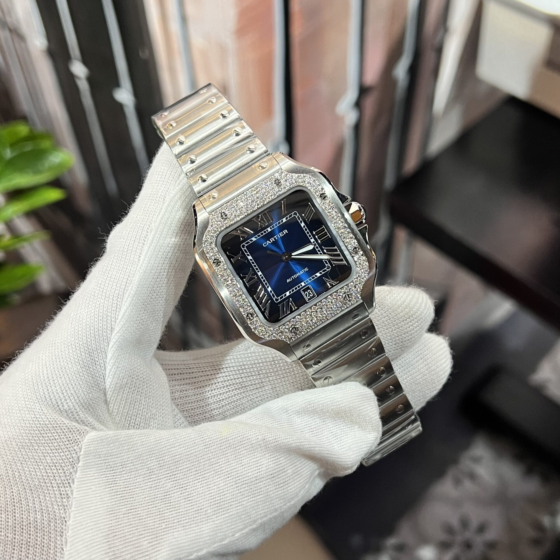 Cartier Replica Watch Santos Moissanite Diamond Bezel Blue Dial BV Factory 39.8mm - Top club