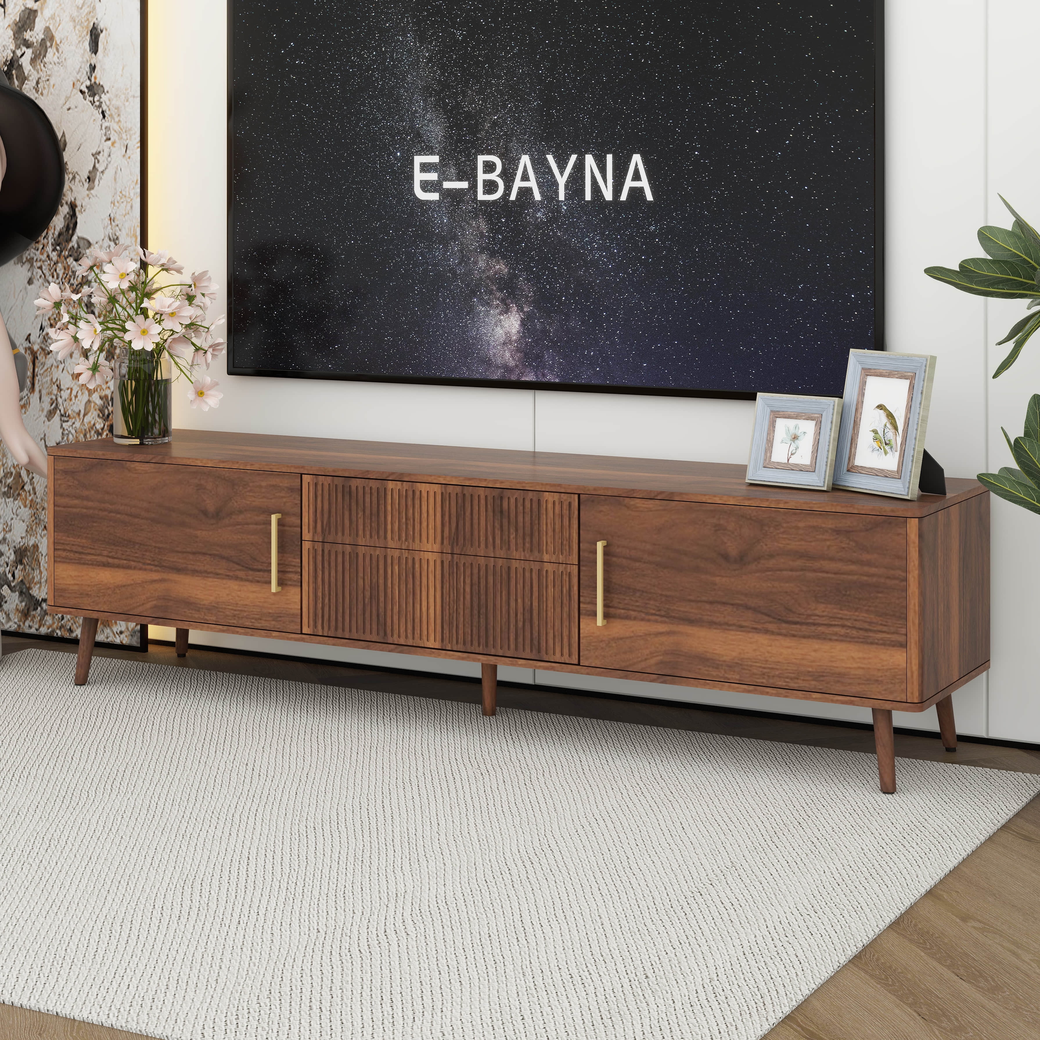 Runforrest Mid Century TV Stand with 2 Drawers, Media Console Table for TVs up to 80'' for Living room, Bedroom, Home Theatre, Walnut
