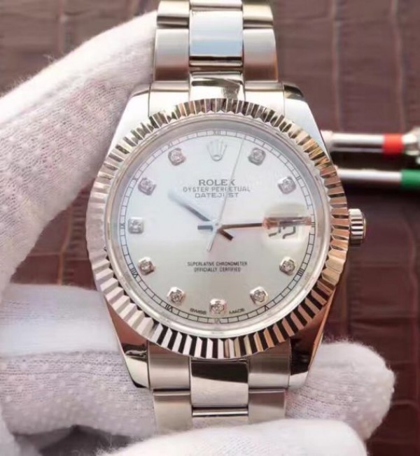Replica Rolex DateJust 41mm 126334 Fluted Bezel White Dial Diamonds Markers SS Jubilee Bracelet A3235 - Elite Watch Atelier