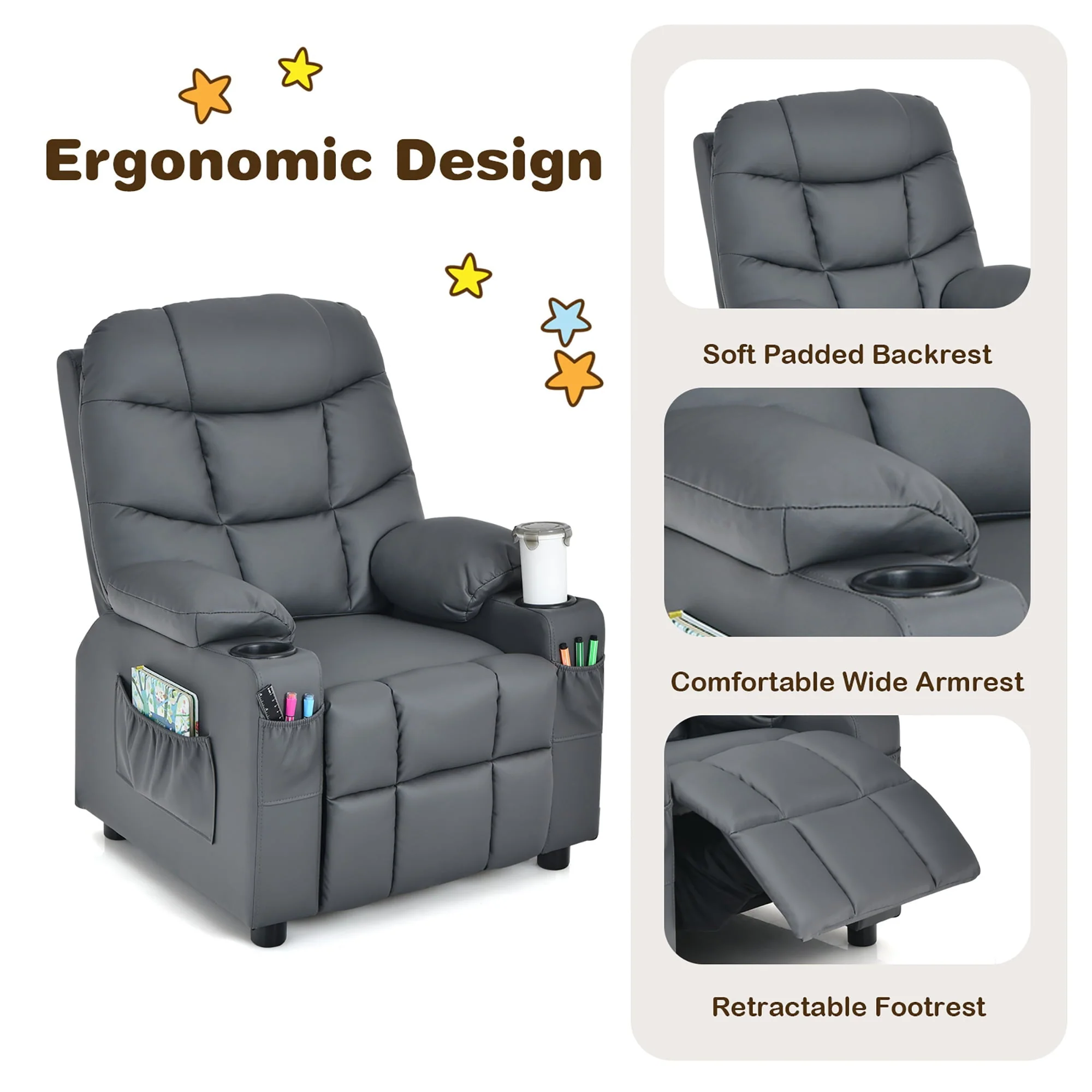 Costway Kids Youth Recliner Chair PU Leather w/Cup Holders & Side Pockets Grey - Image 12