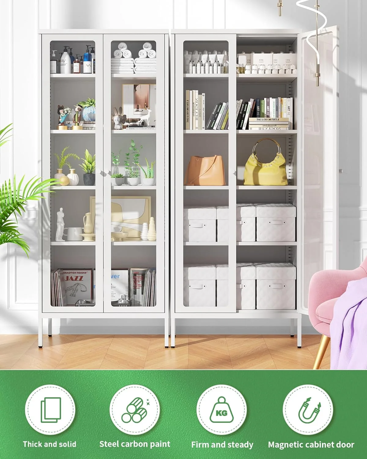SUNCROWN Metal Storage Cabinet, Curio Display Cabinet with 2 Glass Display Door and 4 Shelves, Side Storage Organize, Modern Bookshelf Cabinet for livingroom, Bedroom, Kitchen, Black - Image 27