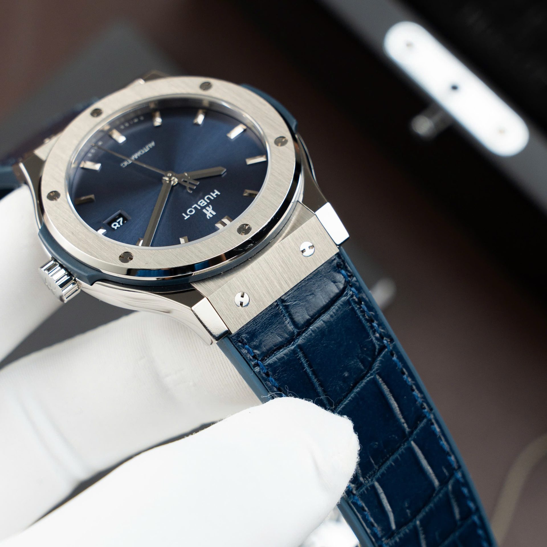 Hublot Classic Fusion Titanium Blue Replica Watches Movement SW300 Crocodile Leather Strap 42mm - Top club