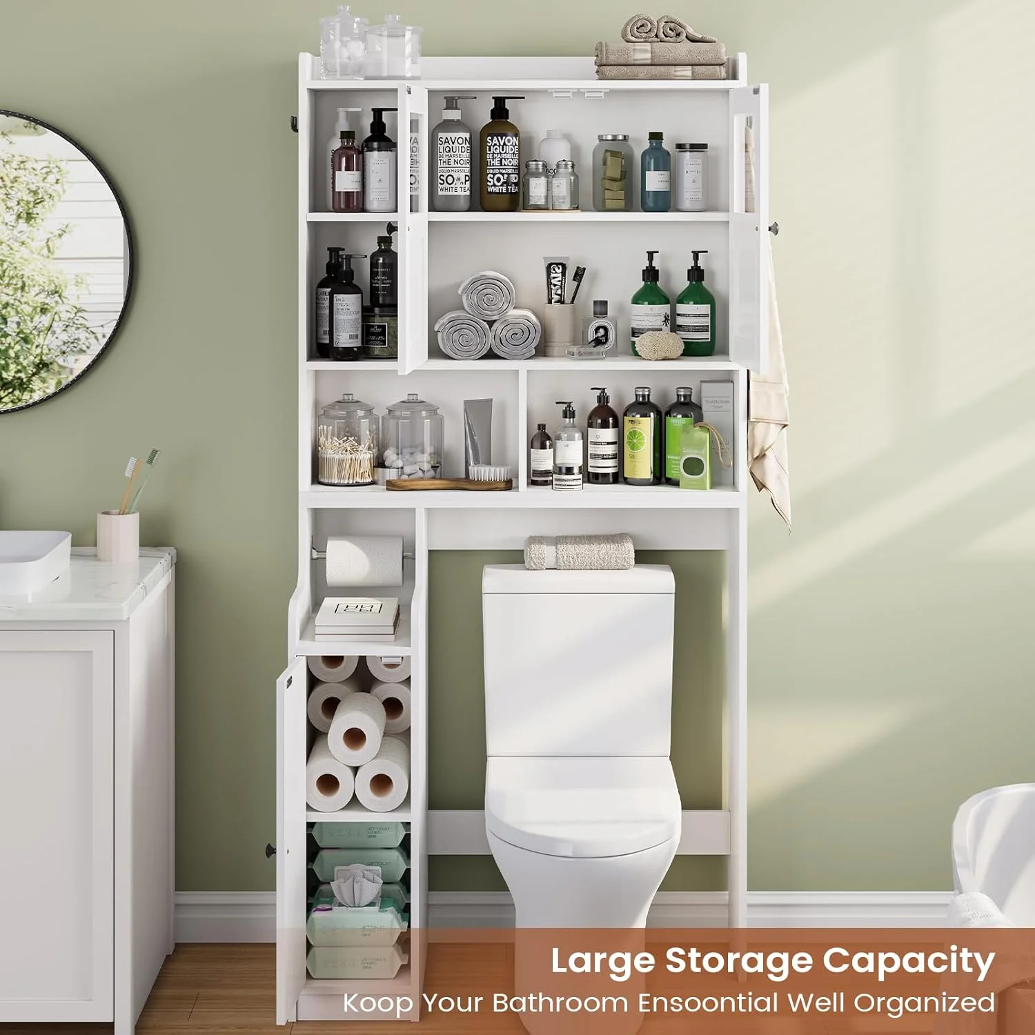 Over The Toilet Storage Cabinet with 3 Doors, Farmhouse Space Saver for Bathroom Organizer with Paper Holder, 10 Shelves and Hooks, 7-Tier Over Washing Machine Cabinet for Laundry, Bathroom, Natural - Image 14