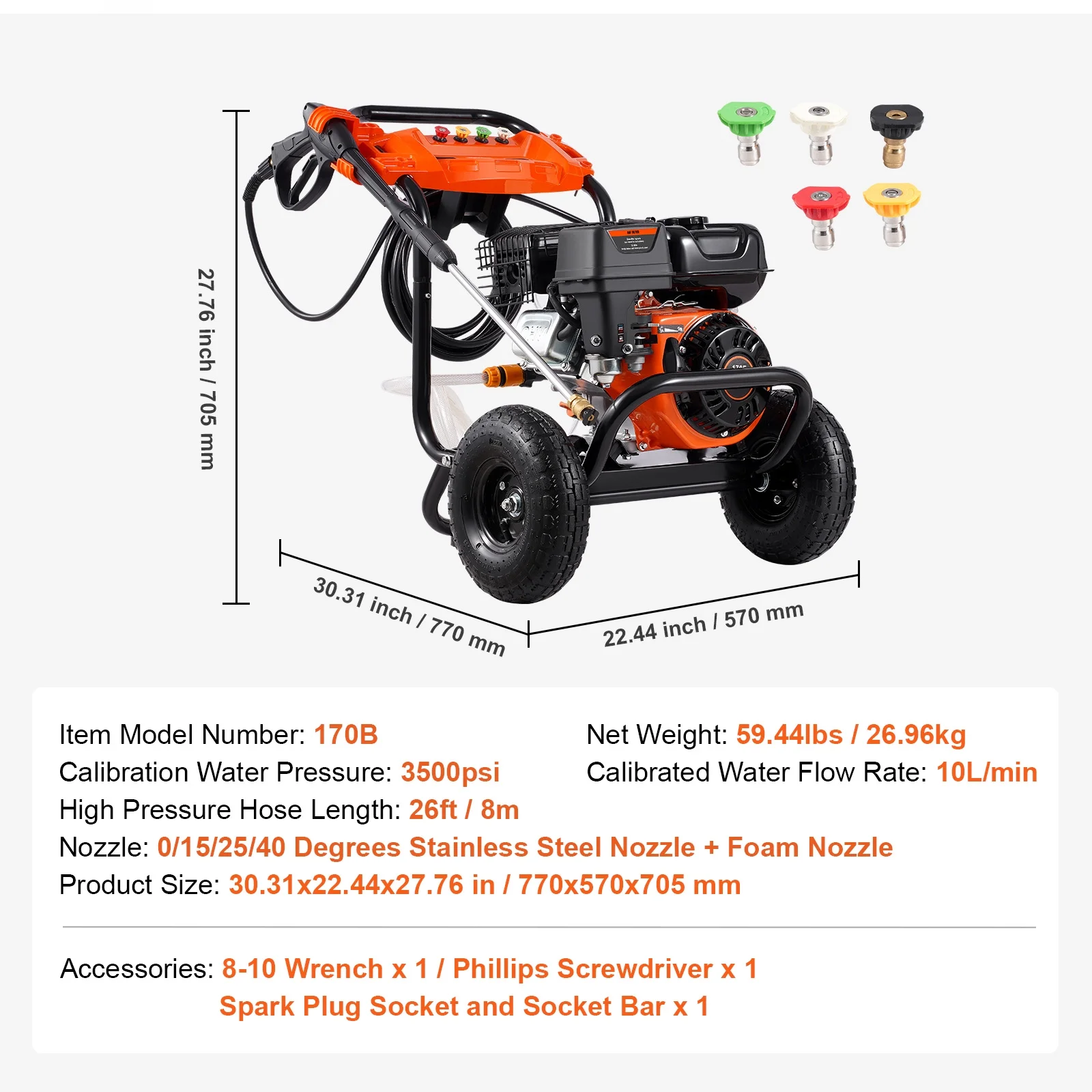 KFFKFF 3600 PSI 2.6 GPM Gas Pressure Washer w/26 ft High Pressure Hose 5 Nozzles Gas Powered Washer - Image 17