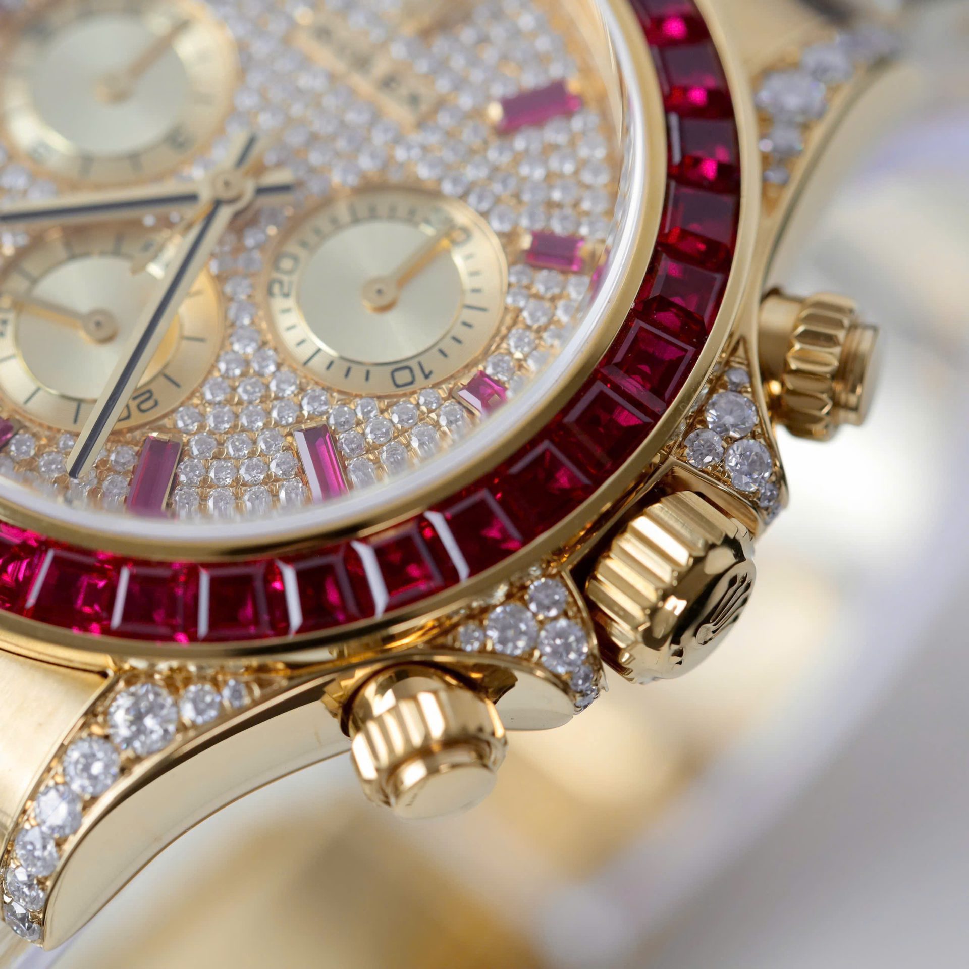 Rolex Daytona 126598TRU Replica Watches Custom Gold Wrapped + Ruby + Diamonds Moissanite 40mm - Elite Watch Atelier