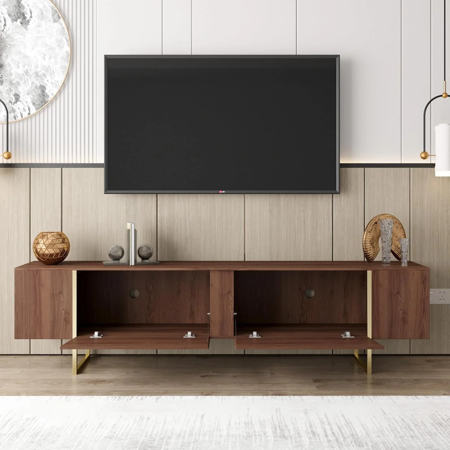 Tv Stand 71�� with Gold Legs and Two Spacious Doors (Walnut) - Image 3