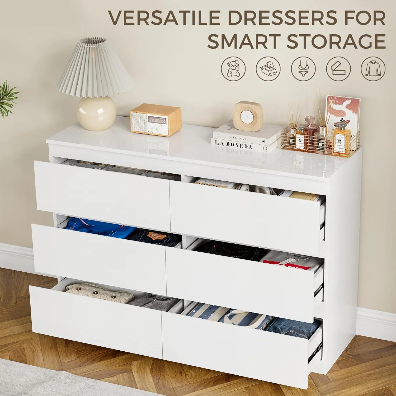 Selooye White Wood Dresser, 6 Drawer Dresser for Clothes Storage,Bedroom, Modern White Dresser with Wide Drawers, Wide Wooden Chest Drawers for Living Room, Entryway, TV Stand - Image 5