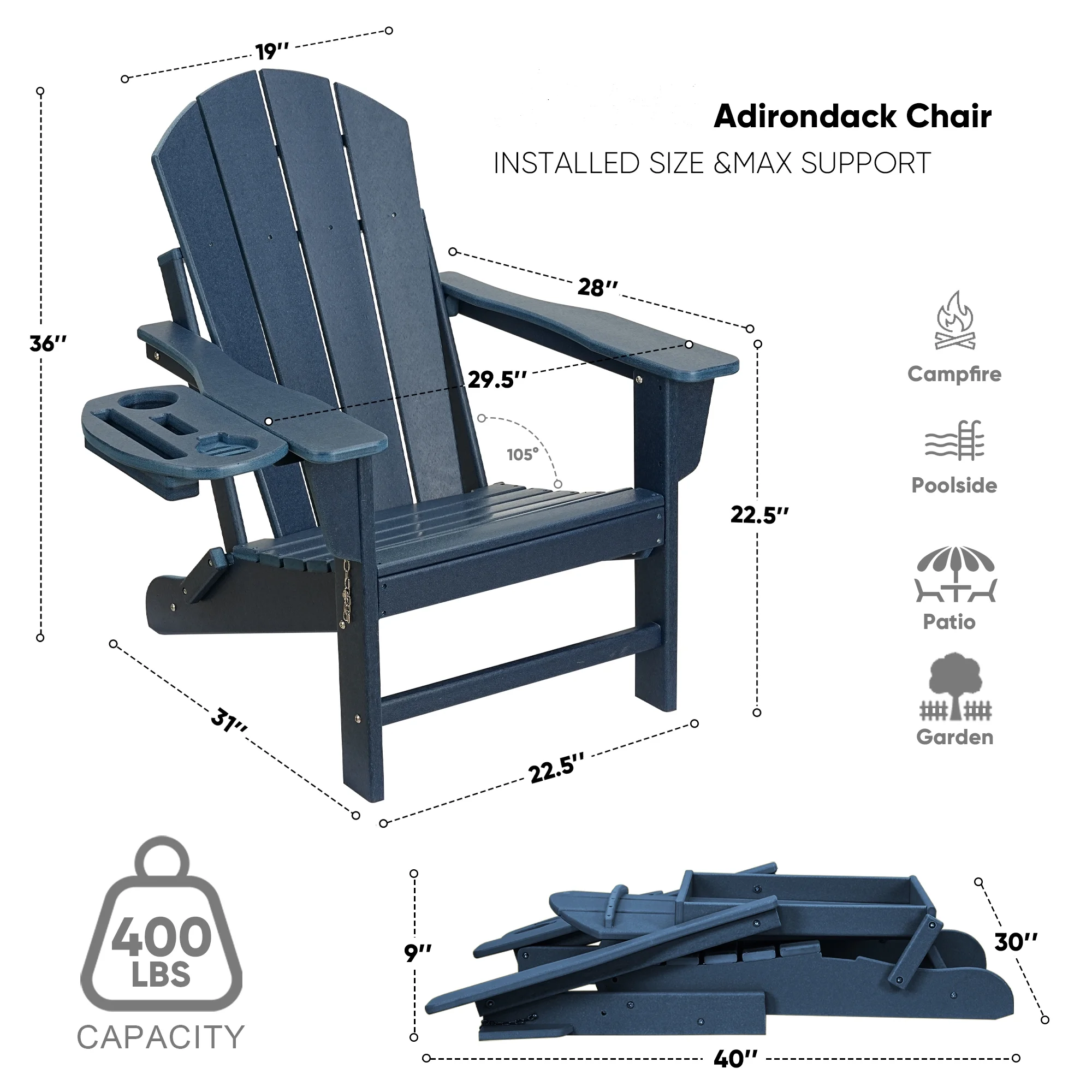 FOOWIN HDPE Plastic Adirondack Chairs Set of 4, Black - Image 83