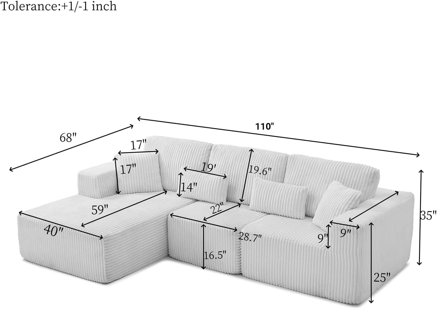 110” Modular Sectional Sofa, Cloud Sectional Couch with Deep Seat, Upholstered Boneless Couches for Living Room, Modern Modular L-Shape Sofa Couch with Chaise (Beige, 110