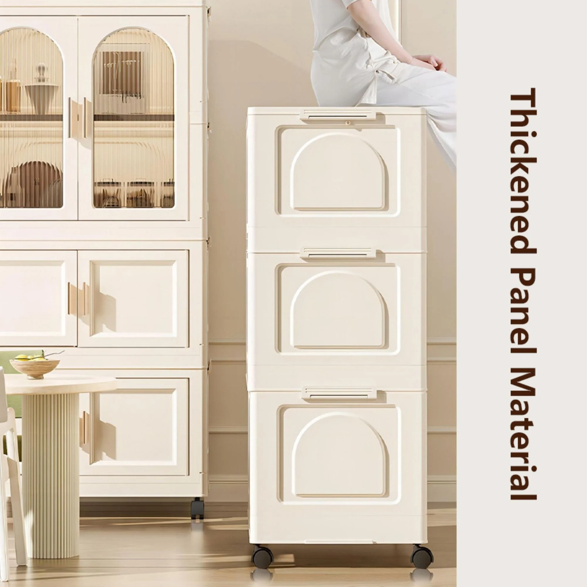 PORKISS Portable Wardrobe Closet, Folding Bedroom Armoire with Wheels, Plastic Storage Basket Can be Freely Combined (1 Layer of Wardrobe + 2 Layers of Folding Boxes+10 Hangers), Cream White-57.09"H - Image 14
