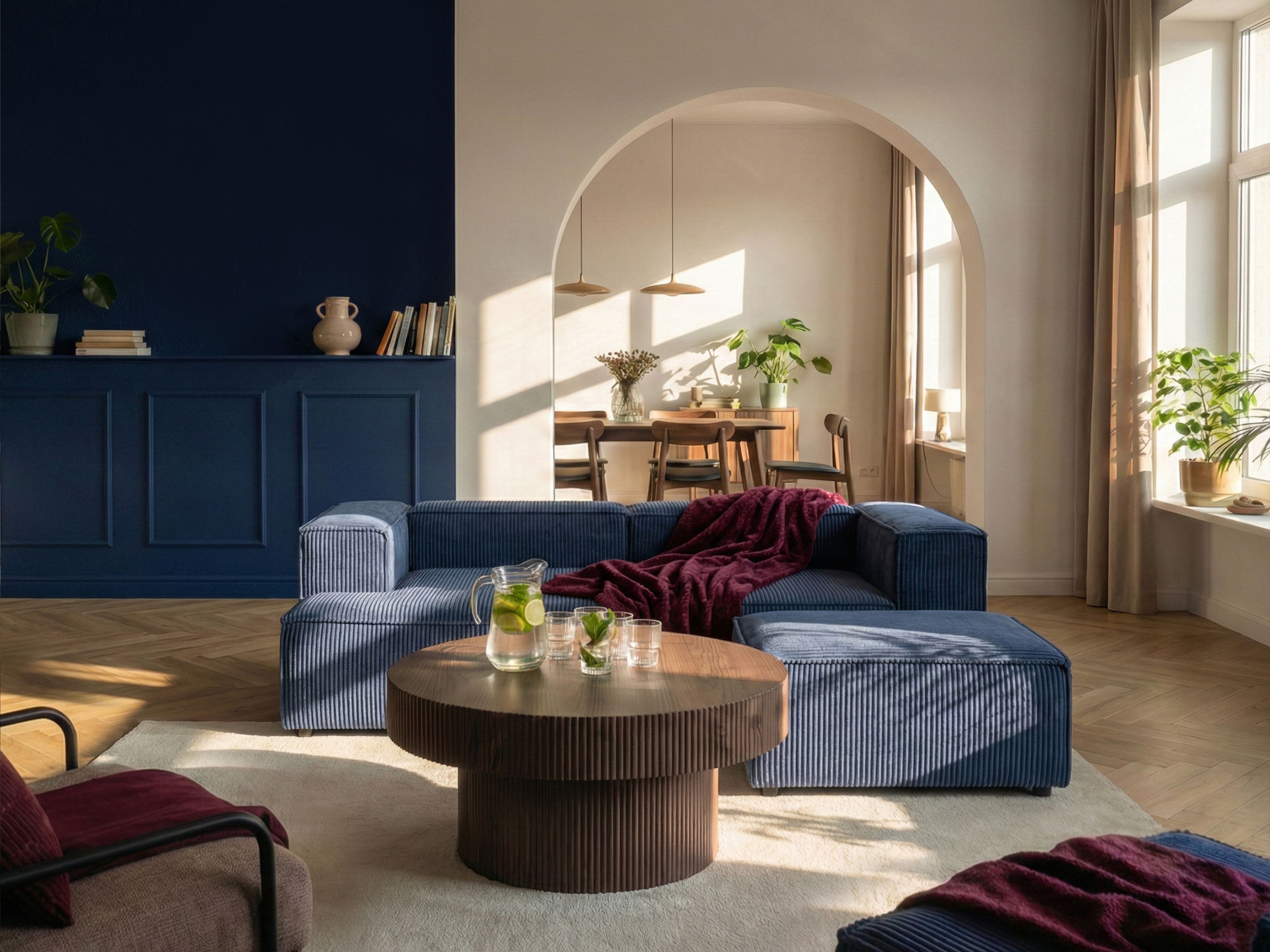 Modular Corner Sofa 3 Seater ARDAL Corduroy Dark Blue with Ottoman Right Hand