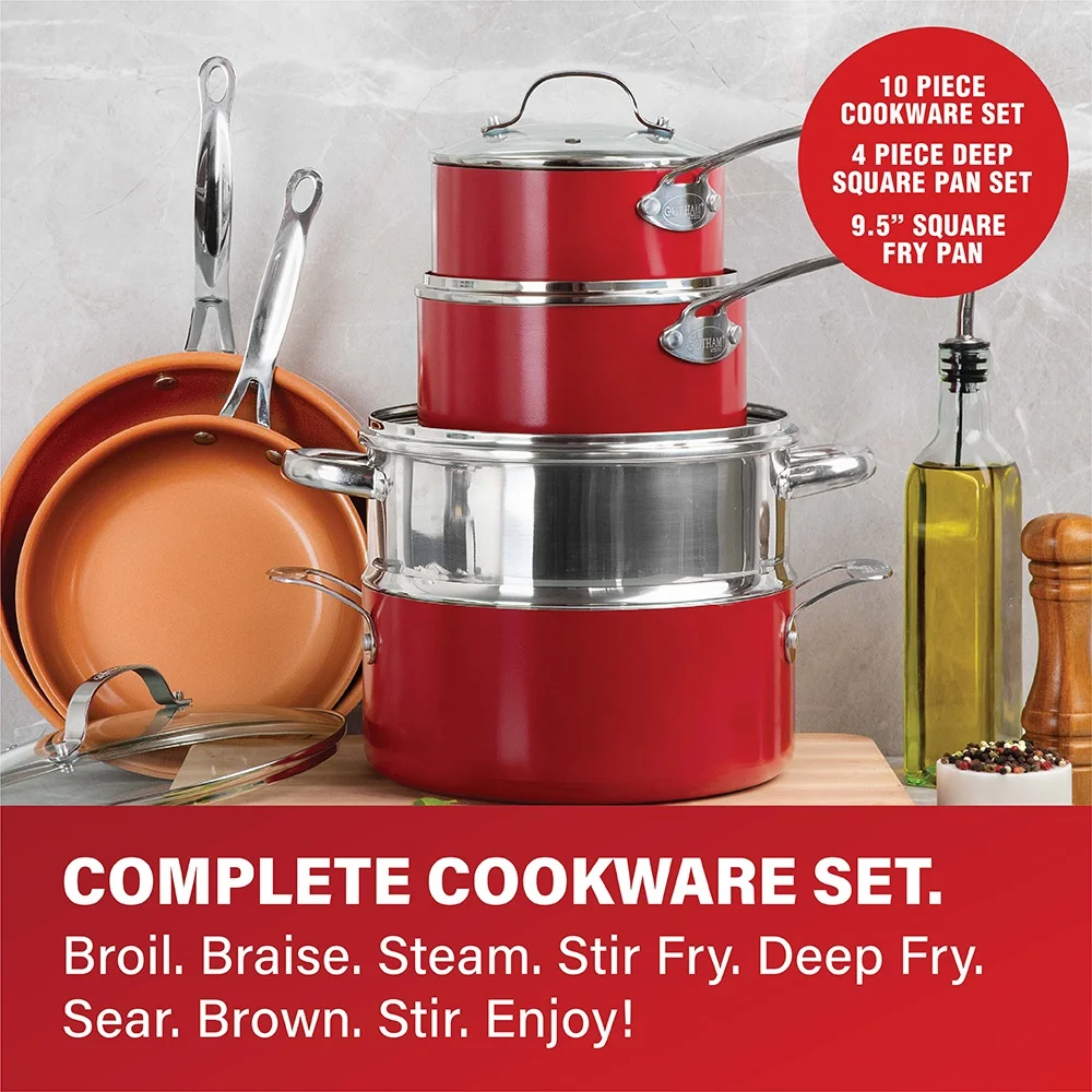 Gotham Steel 32 Pcs Pots and Pans Set Non Stick, Cookware Set with Bakeware and Premium Food Storage Set Nonstick Pots and Pans Set, Red - Image 9