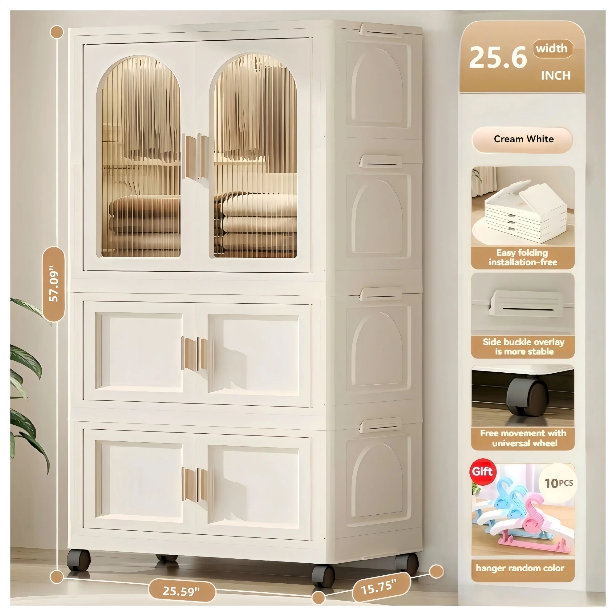 PORKISS Portable Wardrobe Closet, Folding Bedroom Armoire with Wheels, Plastic Storage Basket Can be Freely Combined (1 Layer of Wardrobe + 2 Layers of Folding Boxes+10 Hangers), Cream White-57.09"H - Image 4