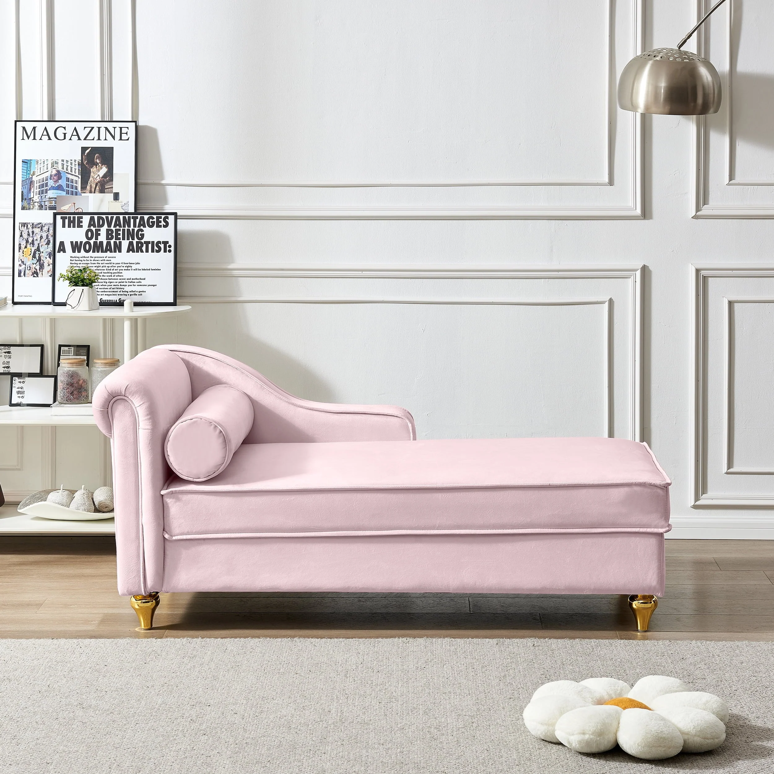 60.6" Velvet Chaise Lounge with Storage, Small Sofa Trimmed with Solid Metal Legs with 1 Pillow, Pink - Image 5