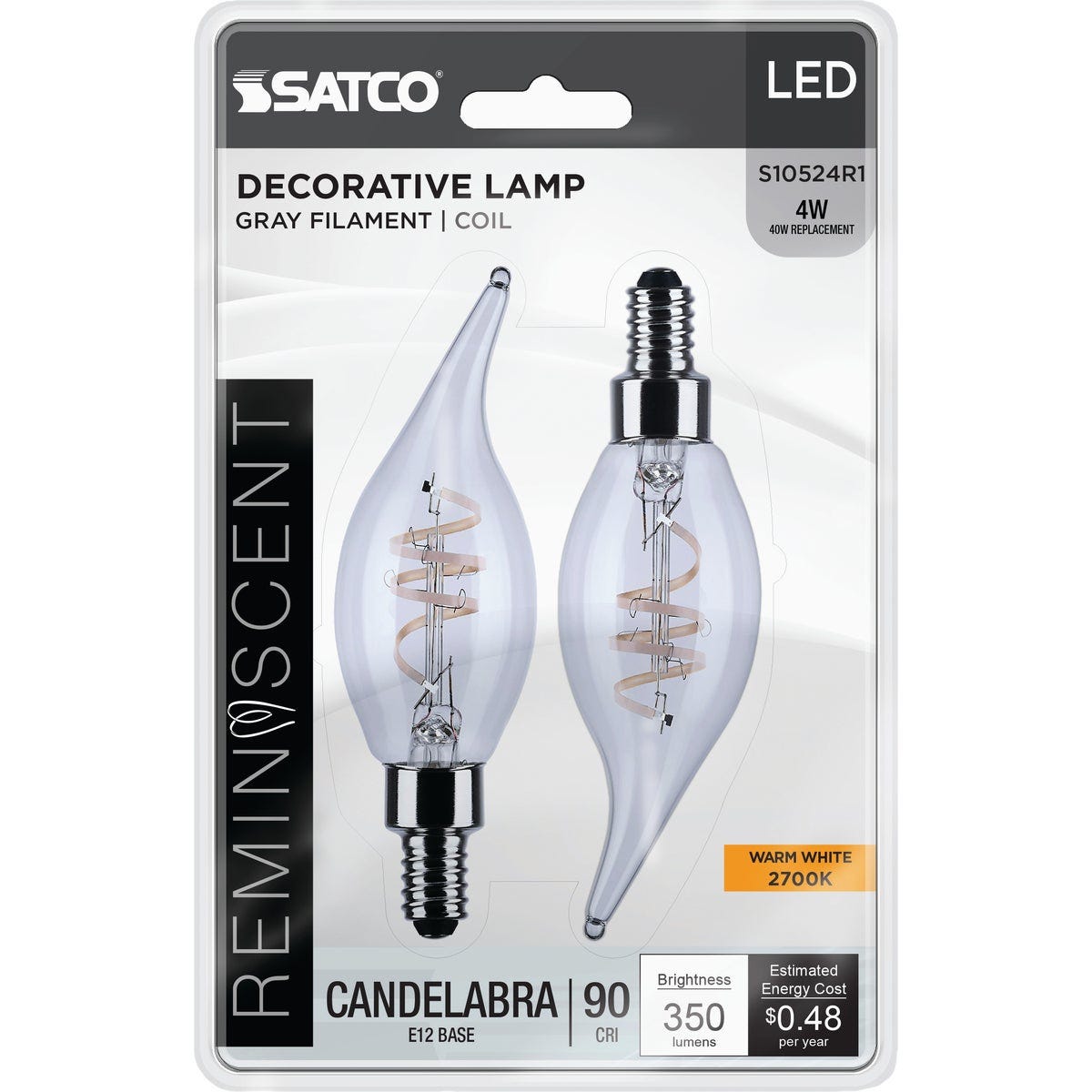 Satco Reminiscent 40W Equivalent Warm White Flame-Tip Gray Coil Filament Candelabra Decorative Light Bulb (2-Pack)
